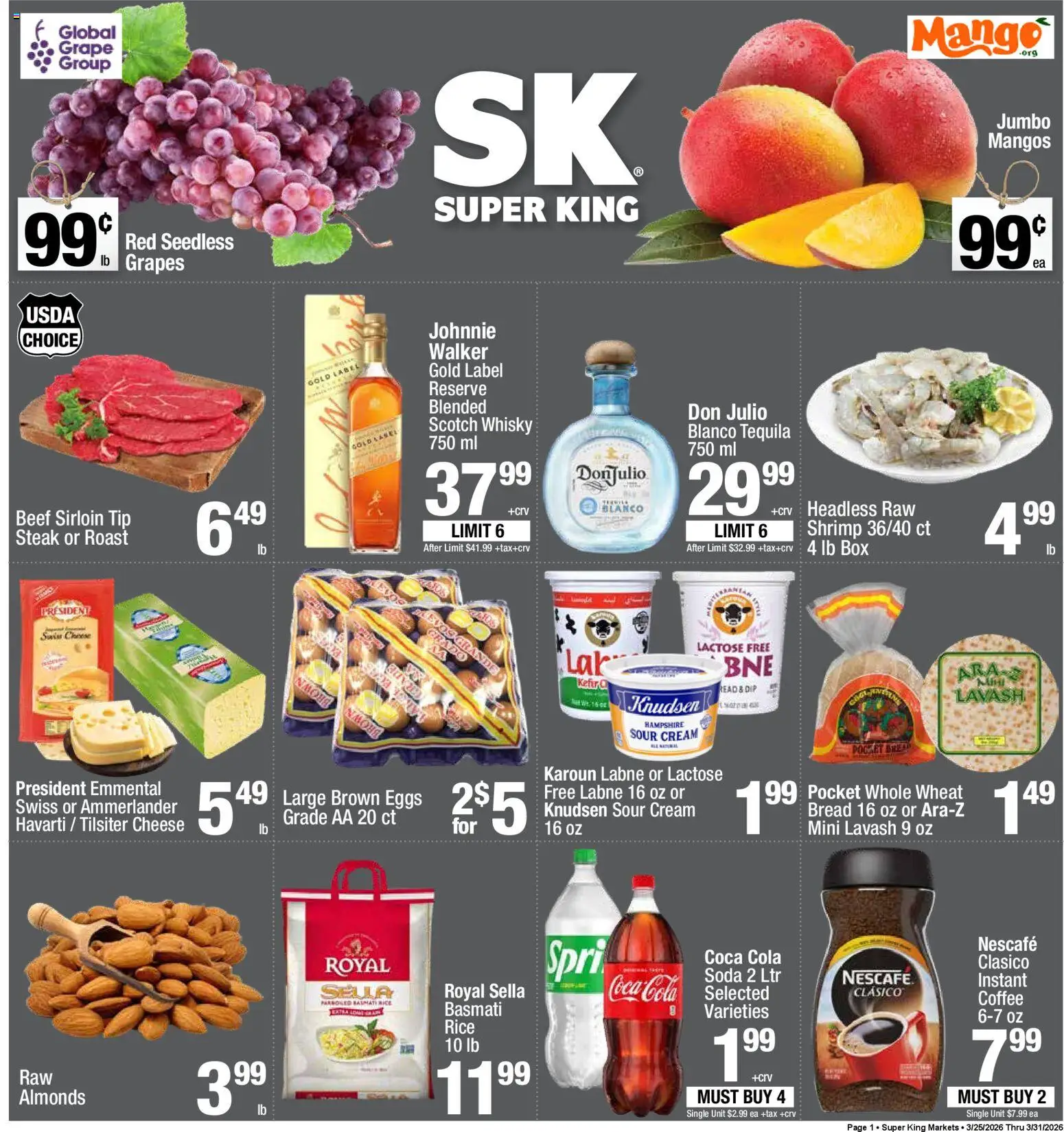 Ad Preview of Super King Super King Weekly Ad from 03/25/2026 - Coffee, Steak, Cheese, Shrimp, Rice, Kefir, Cream, Almonds