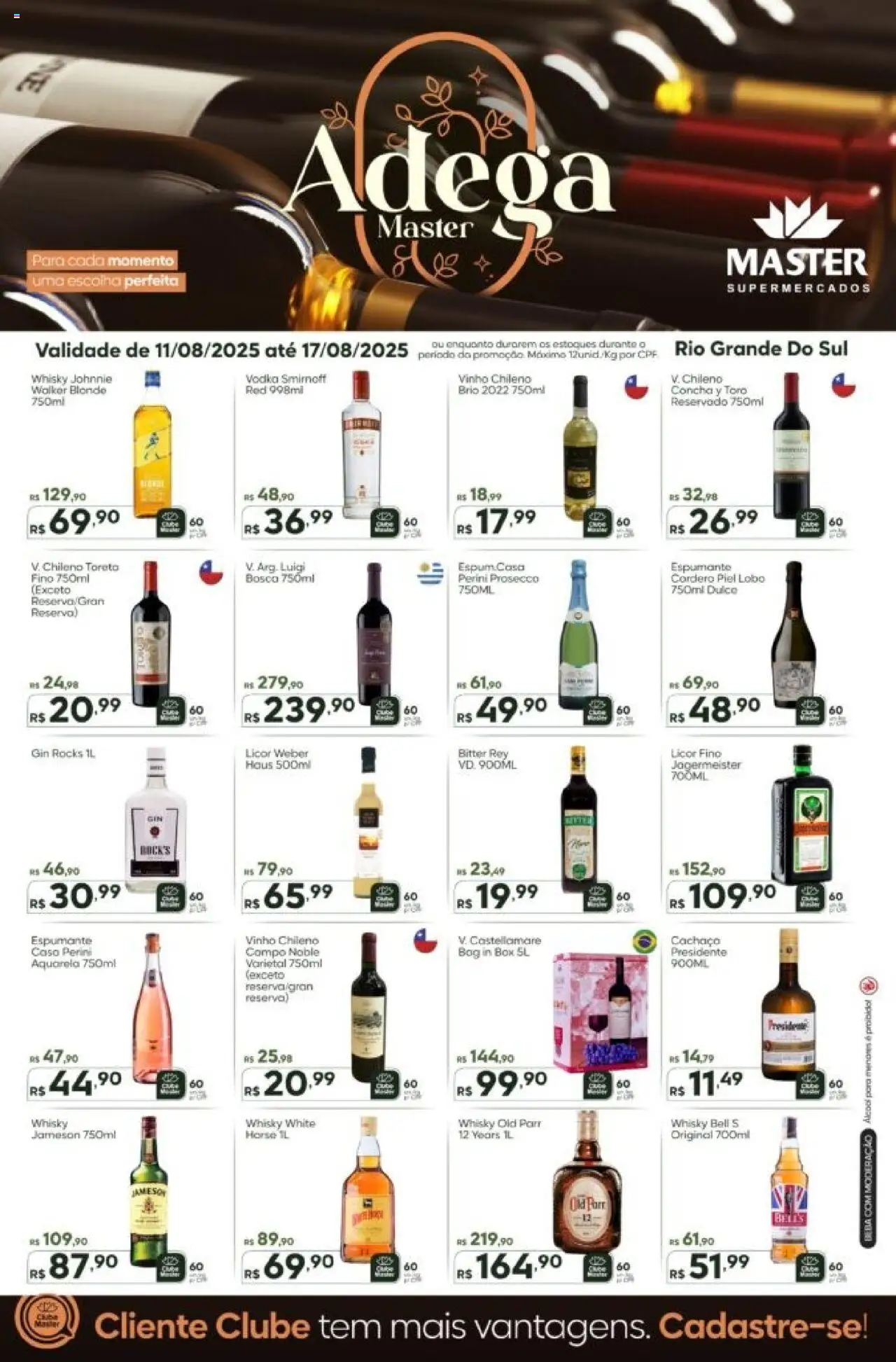 Master folheto "Ofertas Adega" válido a partir de 11/08/2025 - número de página 1 - Whisky, Gin, Vinho, Álcool, Cachaça, Licor, Espumante, Prosecco
