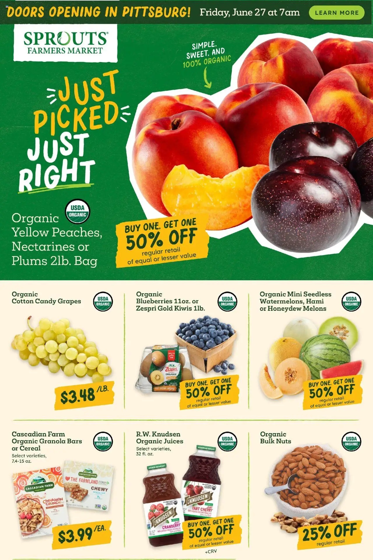 Sprouts Weekly Ad from 06/25/2025 - Flyer - Page number 1 - Candy, Doors, Cereal, Grapes, Plums, Nuts, Bag, Nectarines