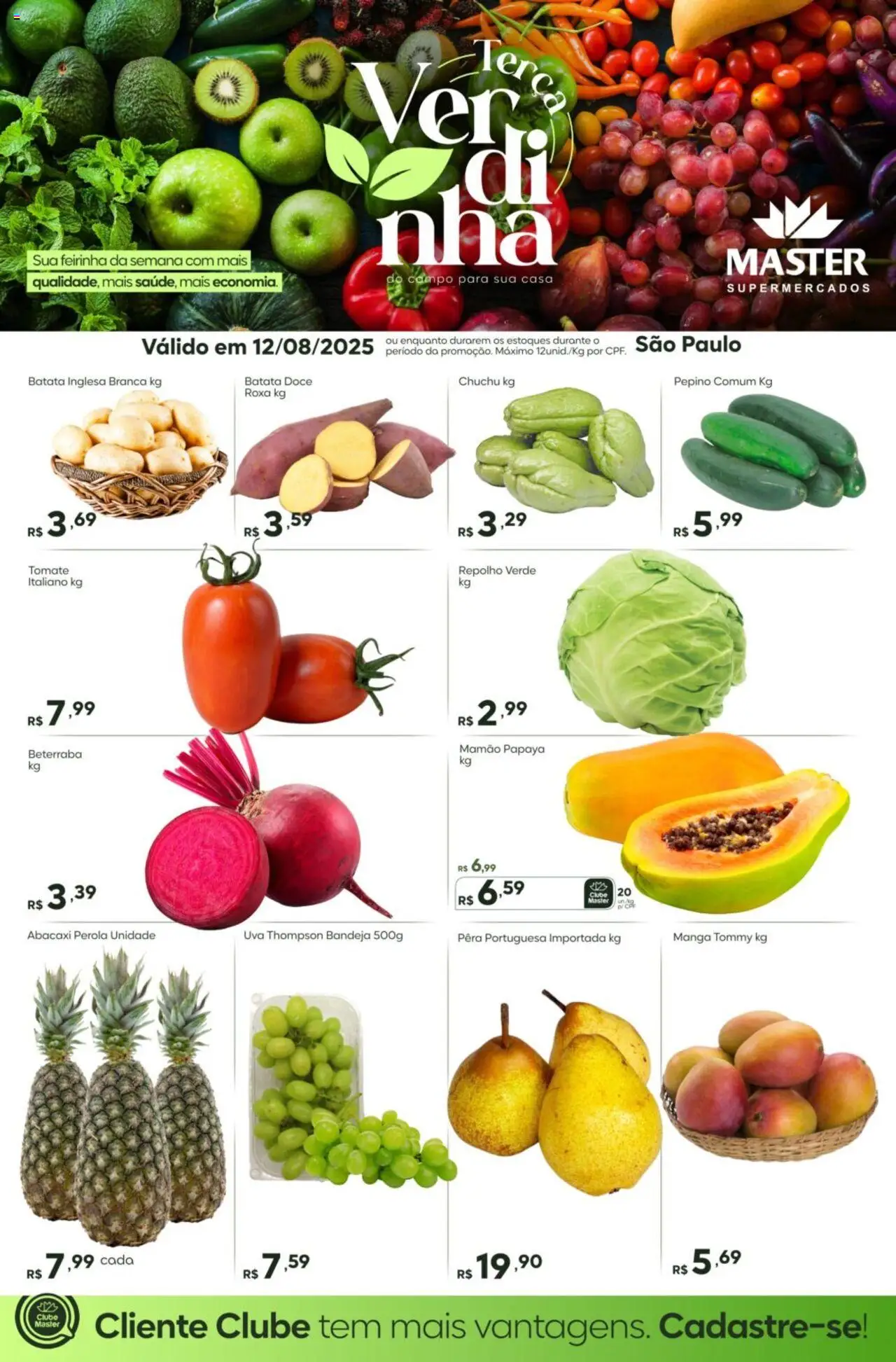 Master folheto "Ofertas do Dia" válido a partir de 12/08/2025 - número de página 1 - Uva, Chuchu, Batata, Pera, Beterraba, Repolho, Bandeja, Mamão