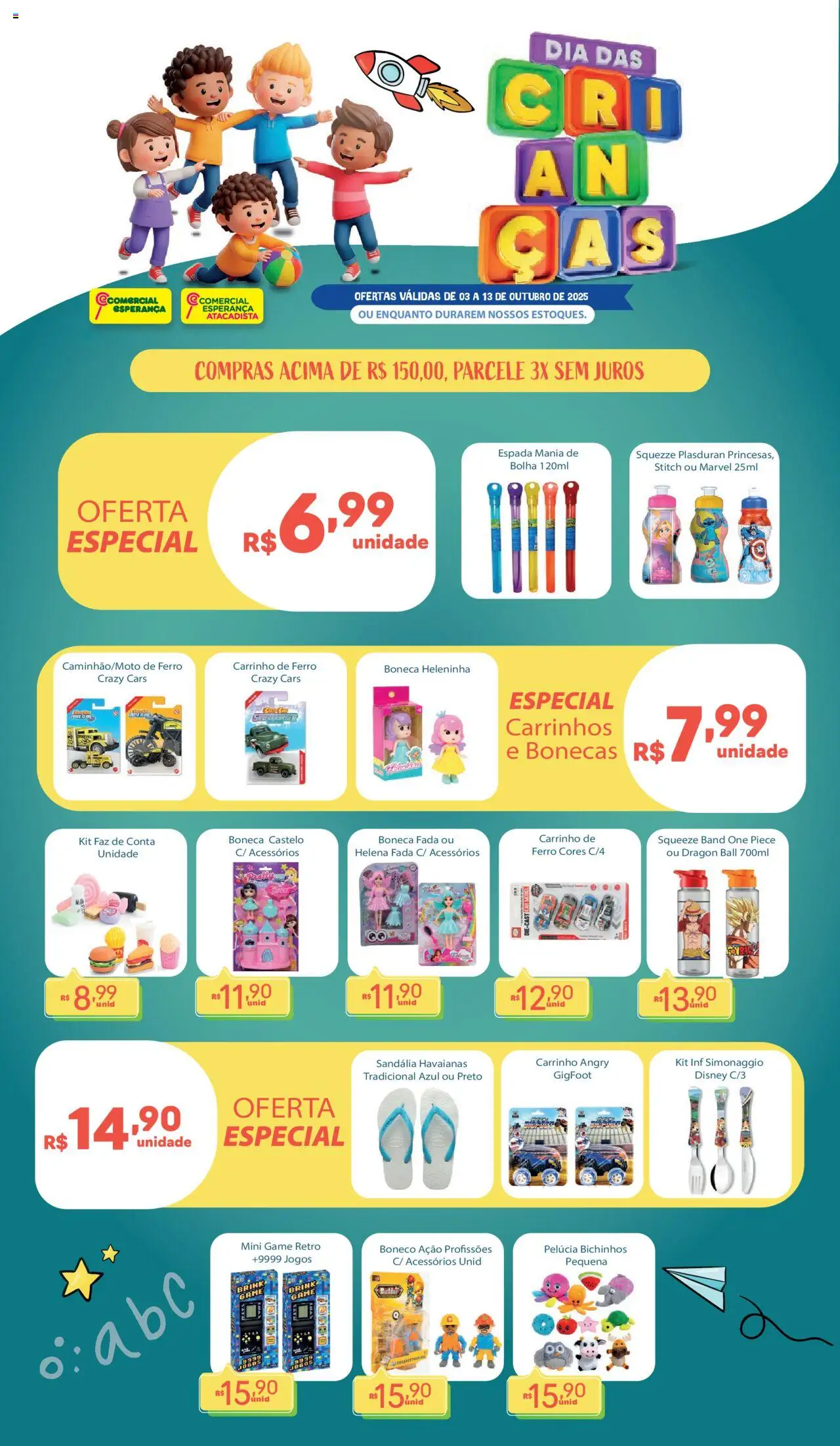 Comercial Esperança folheto "Ofertas Especial Dia das Crianças" válido a partir de 03/10/2025 - número de página 1 - Jogos, Boneca, Carrinho, Ferro, Pelúcia