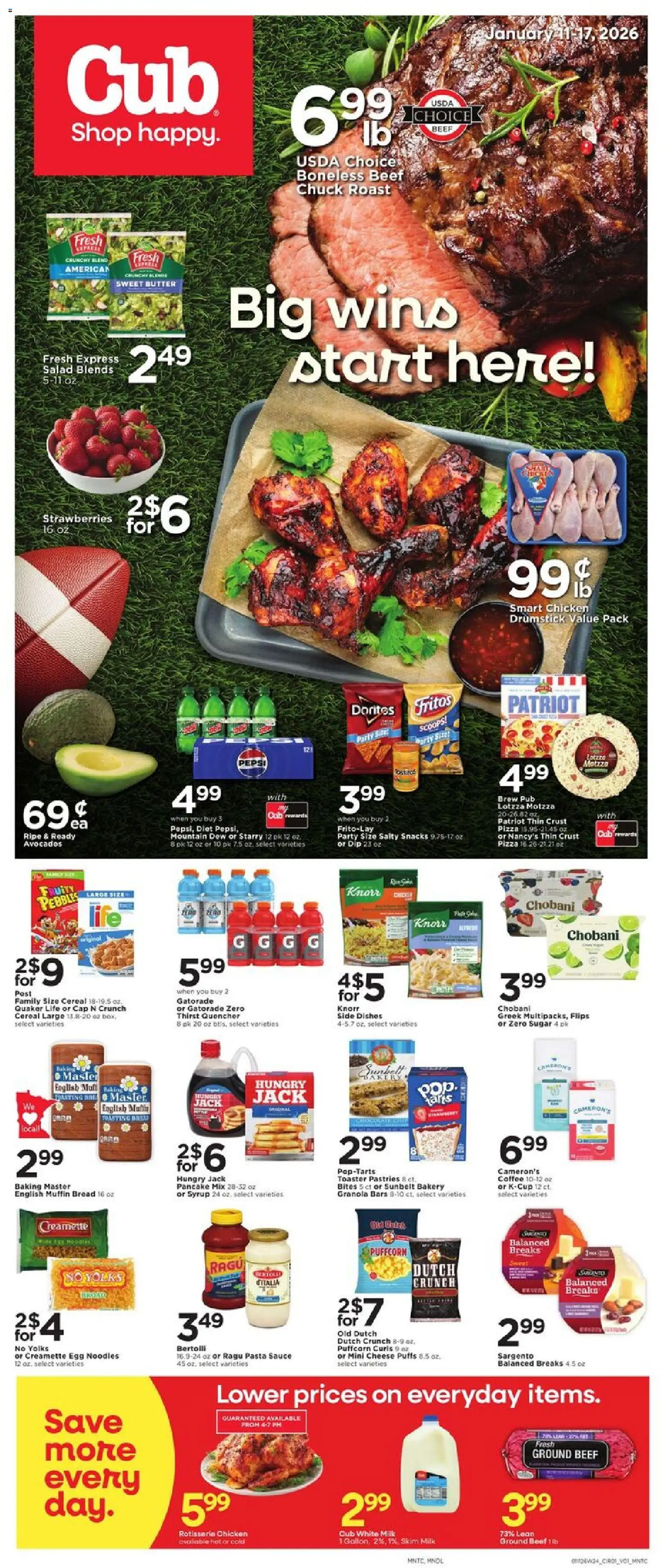 Ad Preview of Cub Foods Weekly Ad from 01/10/2026 - Noodles, Cheese, Milk, Pastries, Butter, Pepsi, Toaster, Sauce