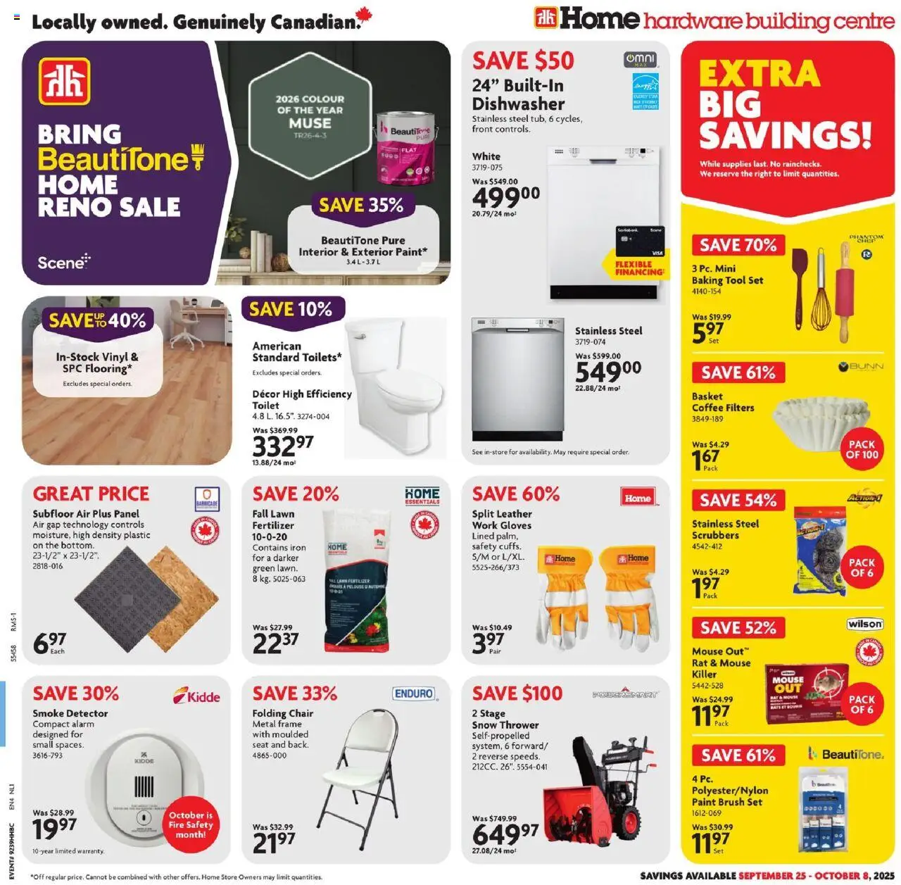 Preview of leaflet Weekly Flyer from shop Home Hardware is valid from Sep 25, 2025 - Coffee, Mouse, Chair, Iron, Gloves, Basket, Fertilizer, Brush