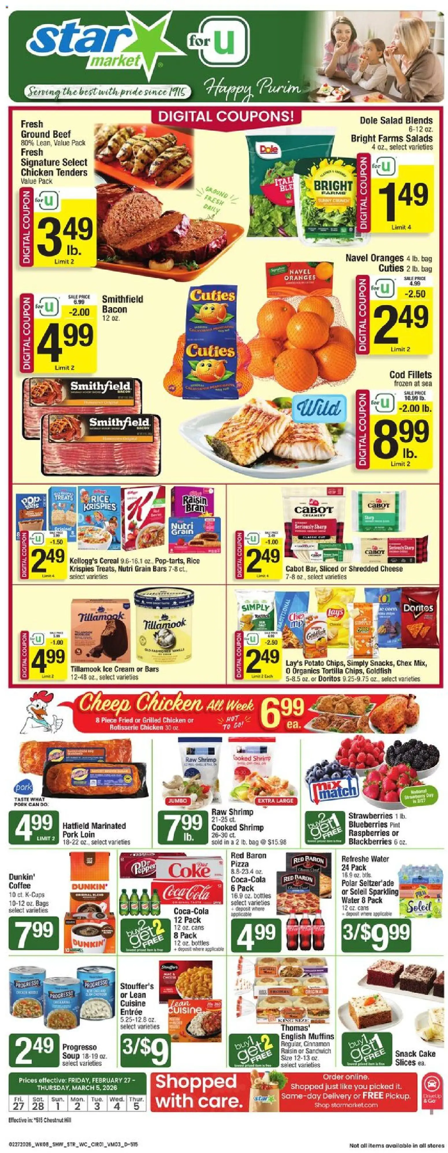 Ad Preview of Star Market Weekly Ad - MA from 02/27/2026 - Pizza, Strawberries, Rice, Beef, Ground beef, Bag, Pork, Cream
