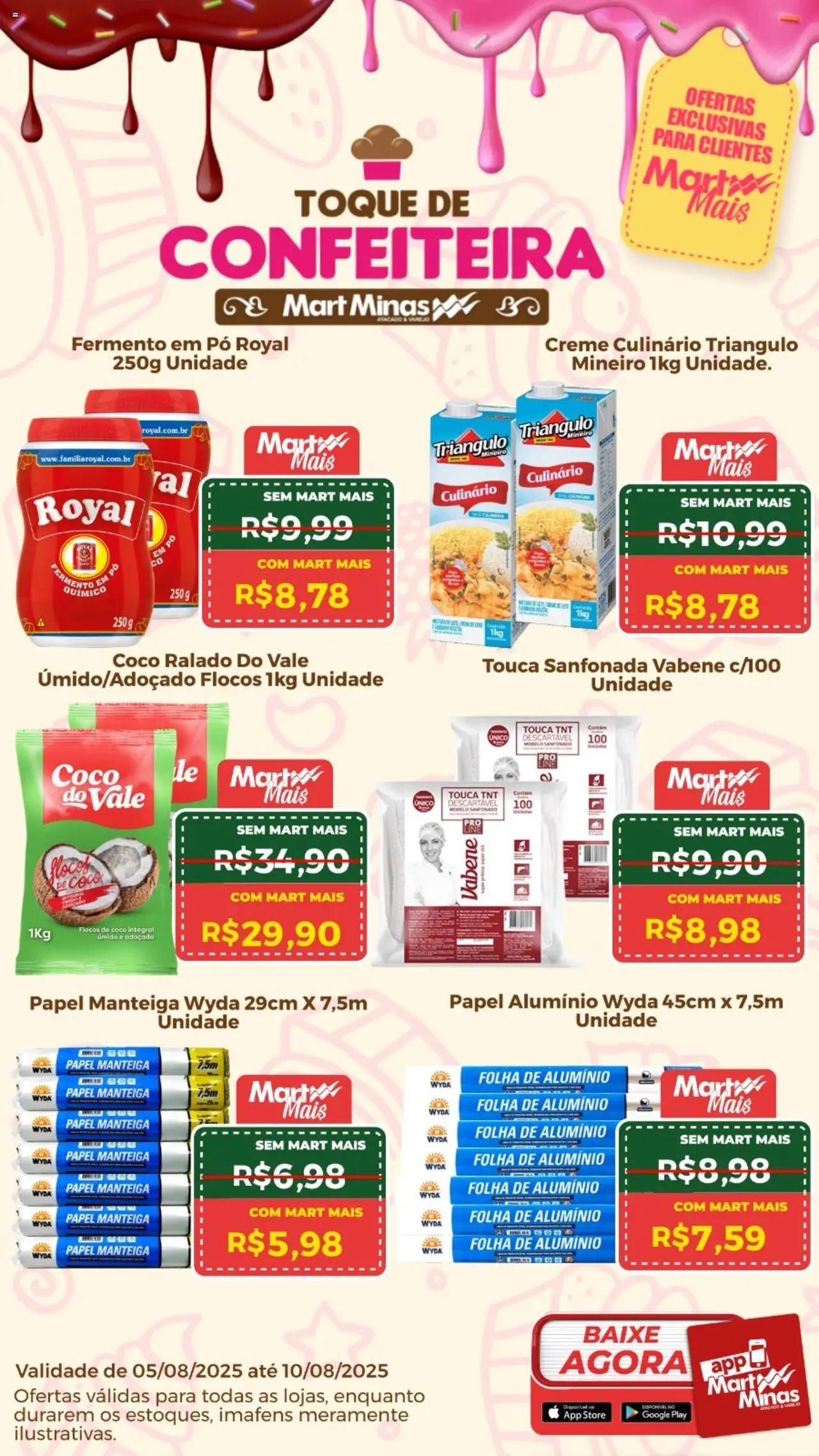 Mart Minas folheto "Ofertas de confeitaria" válido a partir de 05/08/2025 - número de página 1 - Coco, Manteiga, Creme, Touca, Pó, Papel manteiga, Papel alumínio, Flocos