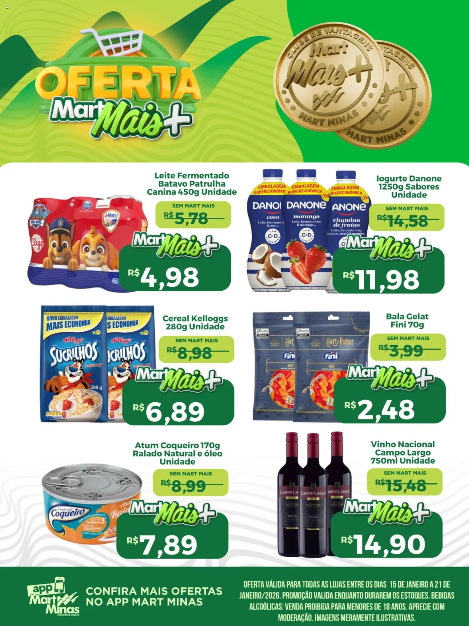 Pré-Visualização do folheto "Ofertas descontos especiais" da loja Mart Minas válido a partir de 15/01/2026 - Vinho, Bebidas, Proteína, Sucrilhos, Atum, Bala, Leite fermentado, Ômega