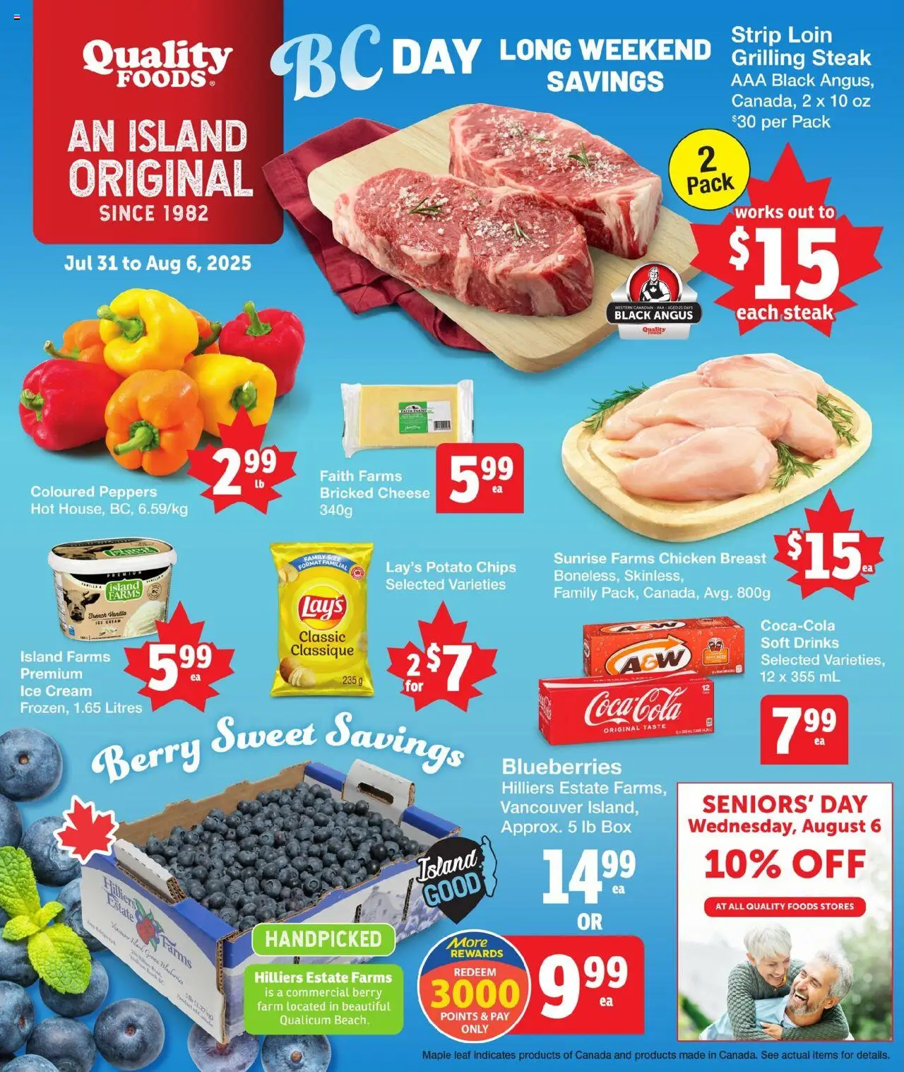 Quality Foods flyer valid from Jul 31, 2025 - page number 1 - Chips, Ice cream, Drinks, Steak, Box, Chicken breast, Cheese, Chicken