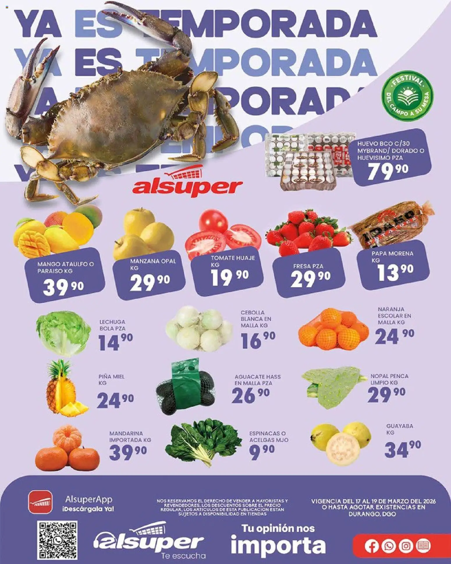 Vista previa las ofertas de la tienda Alsuper - Alsuper folleto Durango desde el 17/03/2026 - Papa, Fresa, Manzana, Tomate, Espinacas, Miel, Sobre, Malla