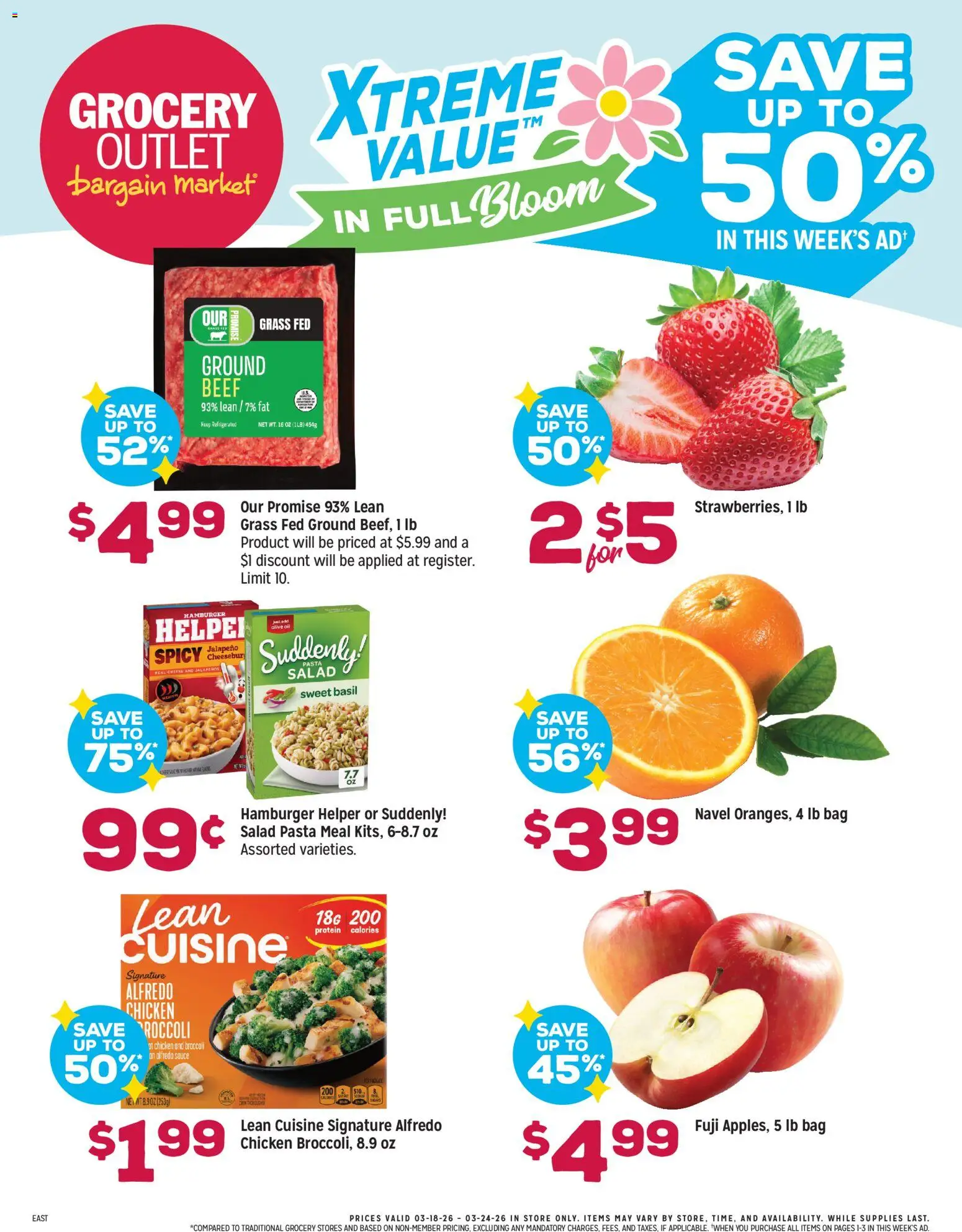 Ad Preview of Grocery Outlet Grocery Outlet Weekly Ad - PA from 03/18/2026 - Pasta, Hamburger, Salad, Broccoli, Beef, Ground beef, Bag, Sauce