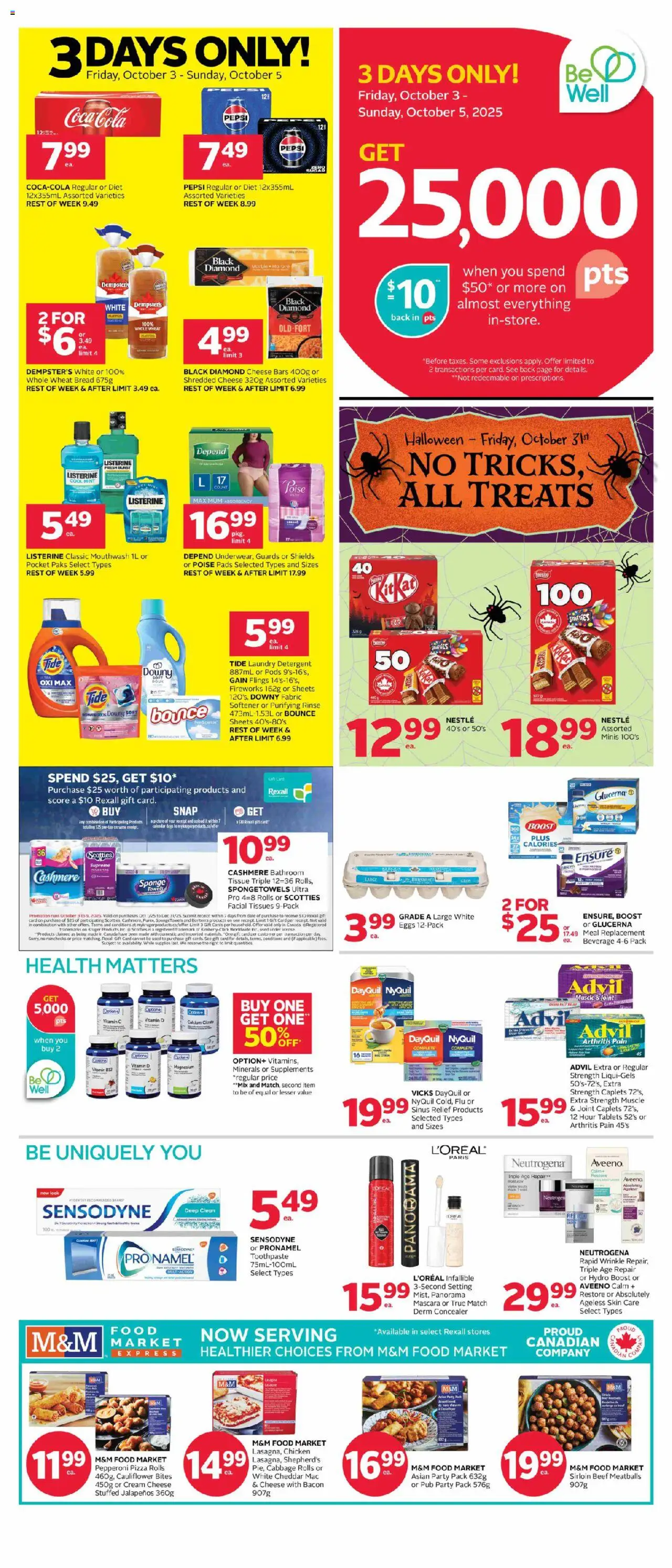Rexall flyer valid from Oct 03, 2025 - page number 1 - Chicken, Cap, Pepsi, Bacon, Cream cheese, Concealer, Tissues, Detergent