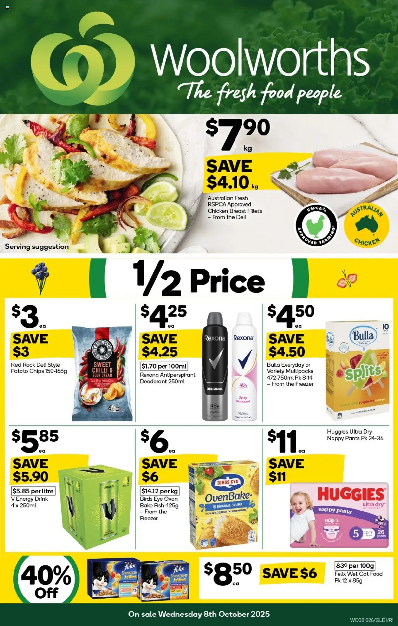 Woolworths catalogue valid from 08/10/2025 - page 1 - Energy drink, Fish, Deodorant, Antiperspirant, Chips, Cream, Chilli, Fruit