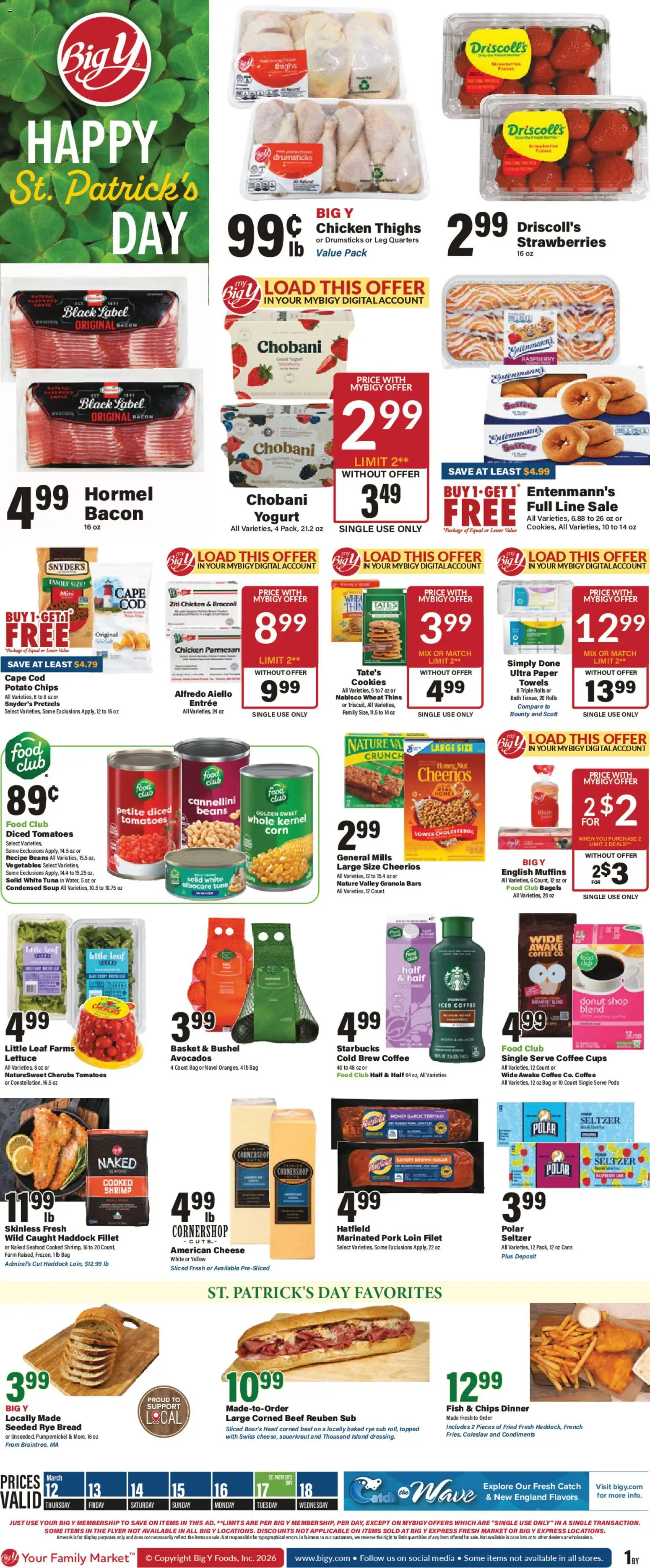Ad Preview of Big Y Big Y Weekly Ad from 03/12/2026 - Strawberries, Sauerkraut, Bag, Potato chips, Iced coffee, Pork loin, Drumsticks, Parmesan