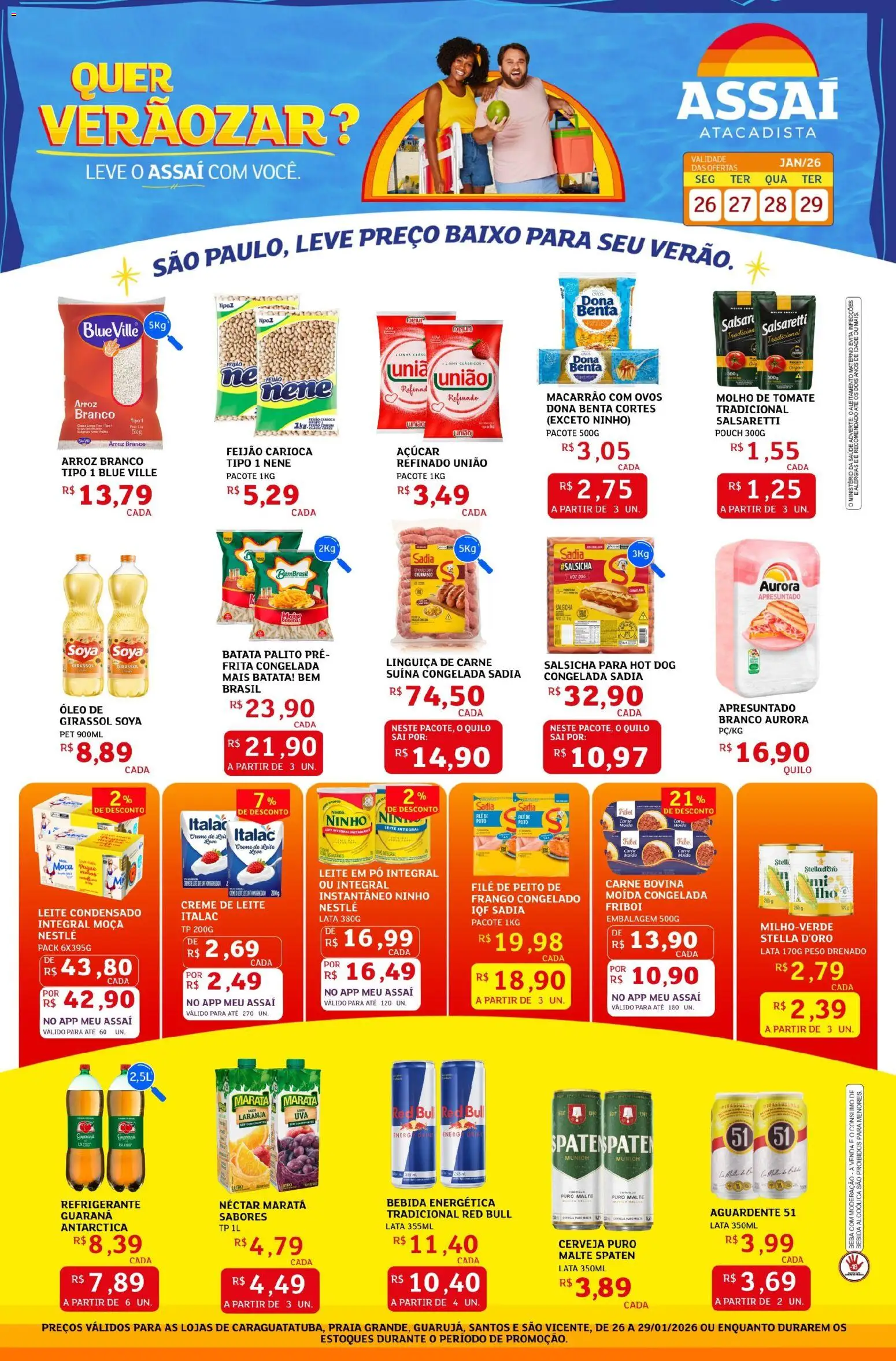 Pré-Visualização do folheto "Encarte - Folheto" da loja Assaí Atacadista válido a partir de 26/01/2026 - Leite condensado, Óleo, Arroz, Leite, Carne, Creme, Carne bovina, Bebida energética