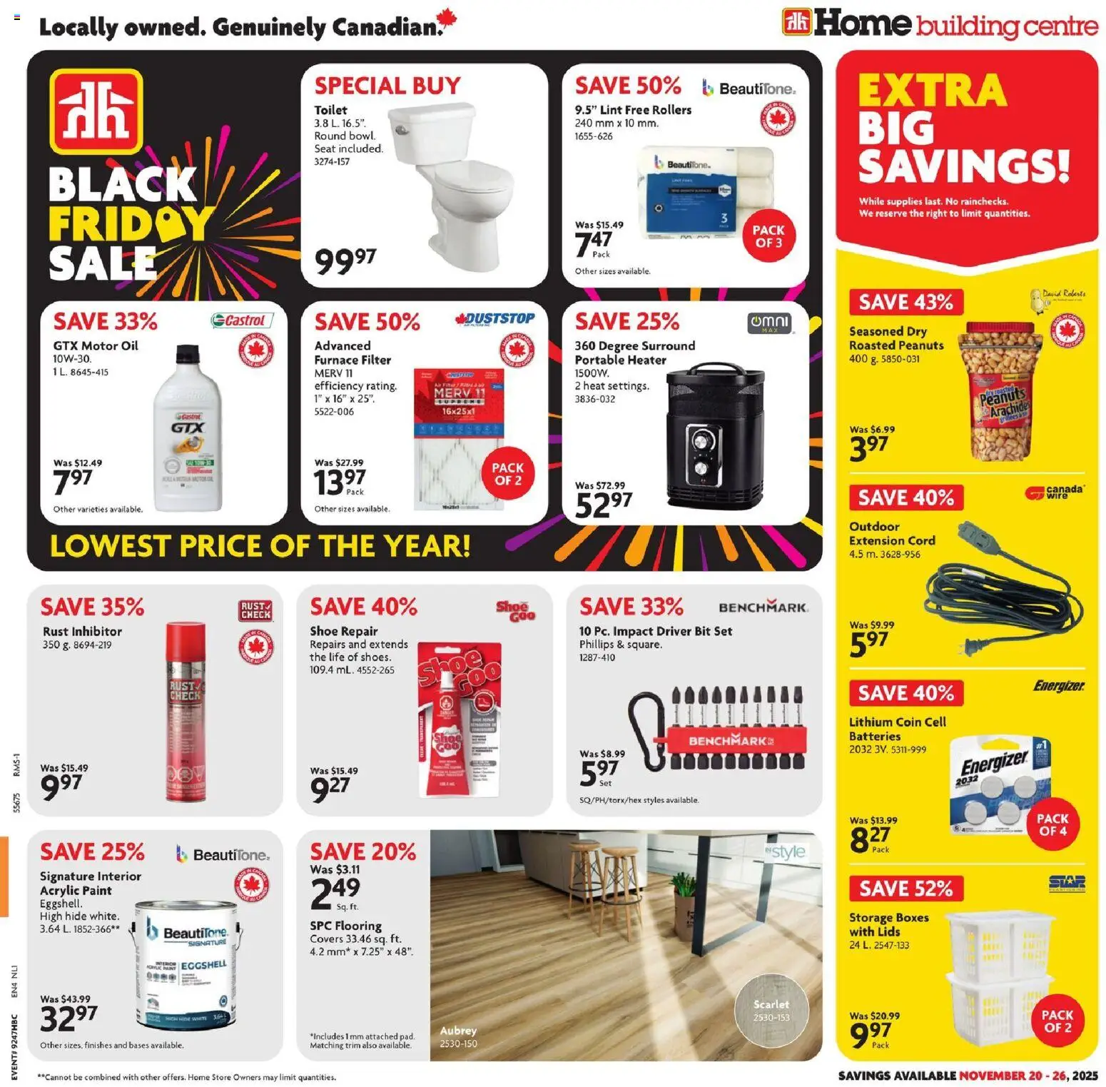 Preview of leaflet Weekly flyer / circulaire from shop Home Hardware is valid from Nov 20, 2025 - Lids, Batteries, Oil, Peanuts