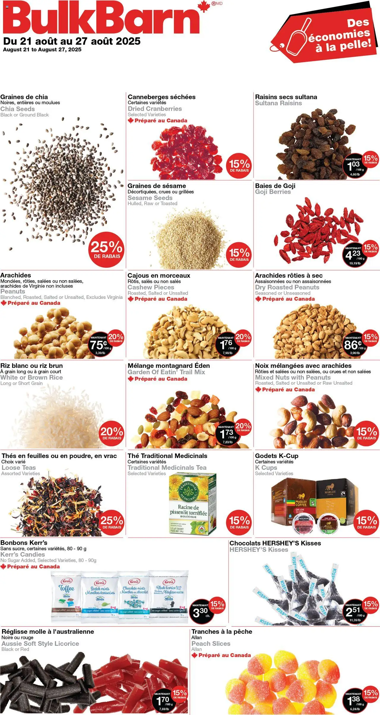 Bulk Barn flyer valid from Aug 21, 2025 - page number 1 - Bonbons, Chocolat, Canneberges, Noix, Arachides, Thé, Graines de sésame, Riz brun