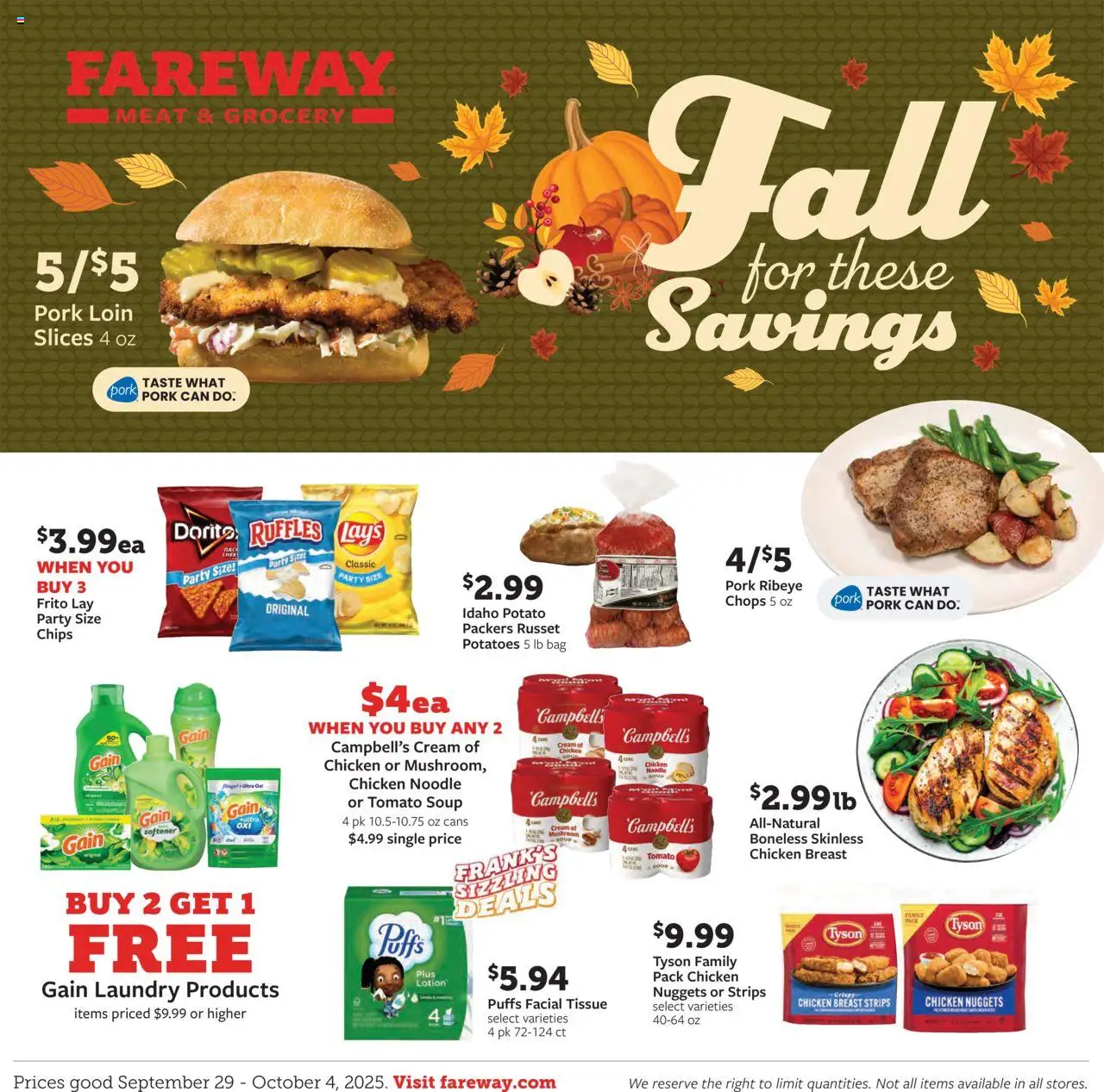 Ad Preview of Fareway Weekly Ad from 09/29/2025 - Chips, Potatoes, Tomato, Meat, Pork, Cream, Pork loin, Chicken