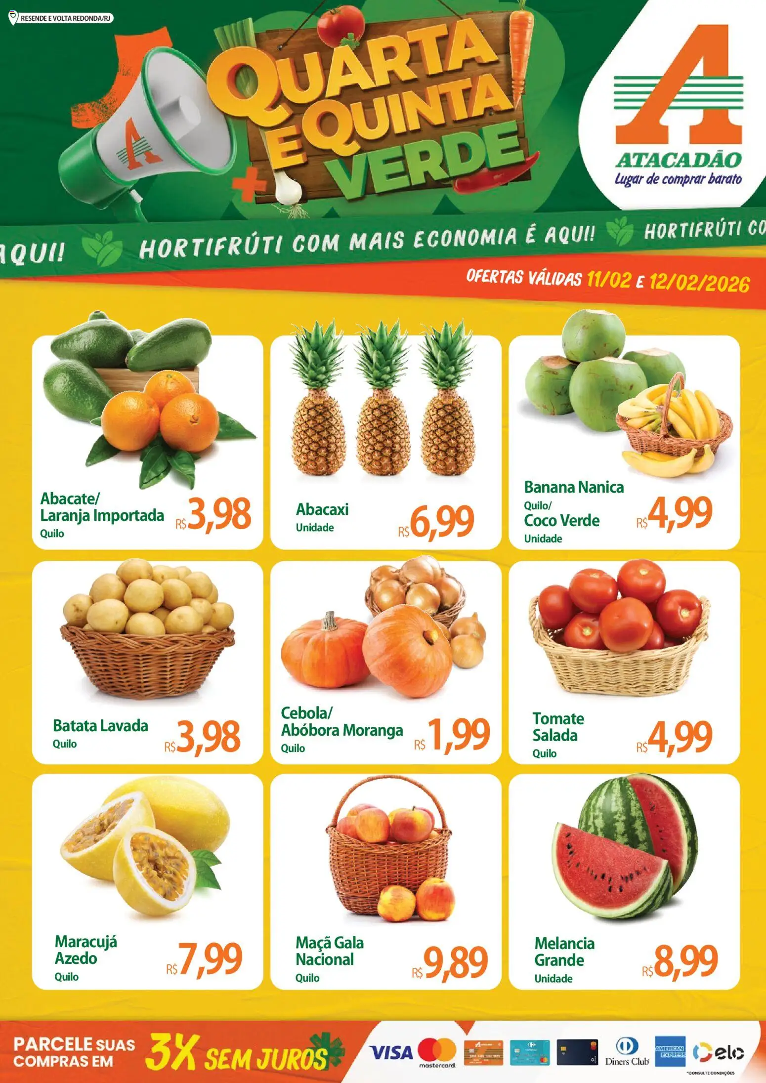 Pré-Visualização do folheto "Ofertas - RJ" da loja Atacadão válido a partir de 11/02/2026 - Coco, Moranga, Abacaxi, Abóbora, Batata, Maracujá, Tomate, Salada