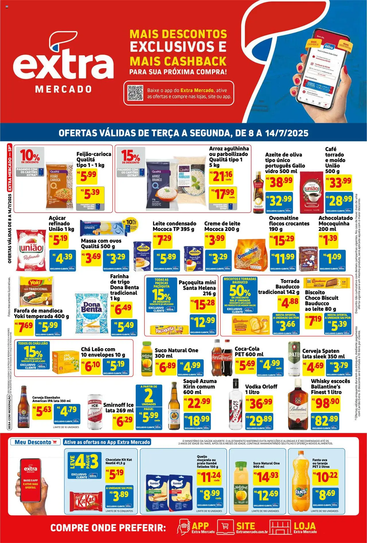 Extra folheto "Ofertas de Mercado" válido a partir de 08/07/2025 - número de página 1 - Whisky, Uva, Ballantine’s, Chá, Massa, Açúcar, Azeite, Leite condensado