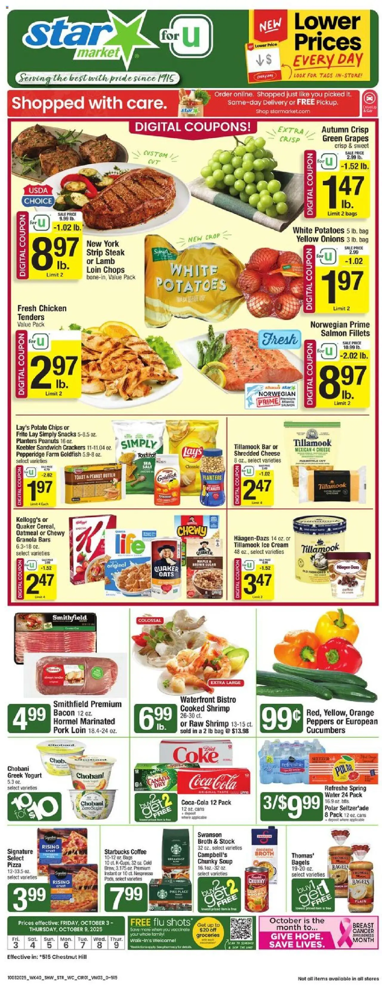Star Market Weekly Ad - MA from 10/03/2025 - Flyer - Page number 1 - Coffee, Ice, Steak, Shrimp, Bacon, Salt, Cream, Fresh salmon