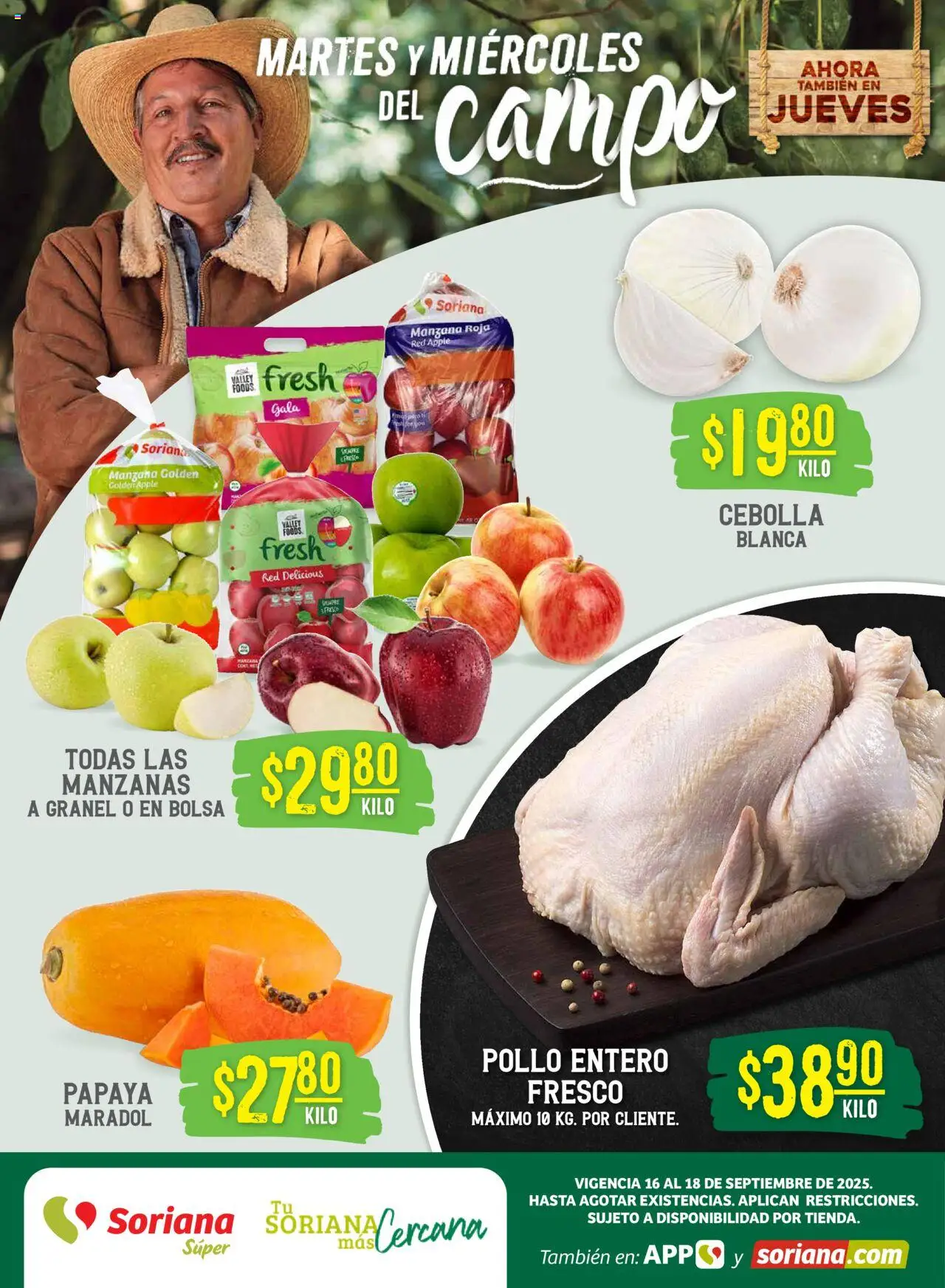 Martes y Miércoles del Campo Súper: Tamaulipas (excepto Cd. Victoria y Tampico) Soriana y sus promociones válidas desde el 16/09/2025 - Número de página 1 - Pollo, Manzana, Manzanas, Bolsa, Cebolla