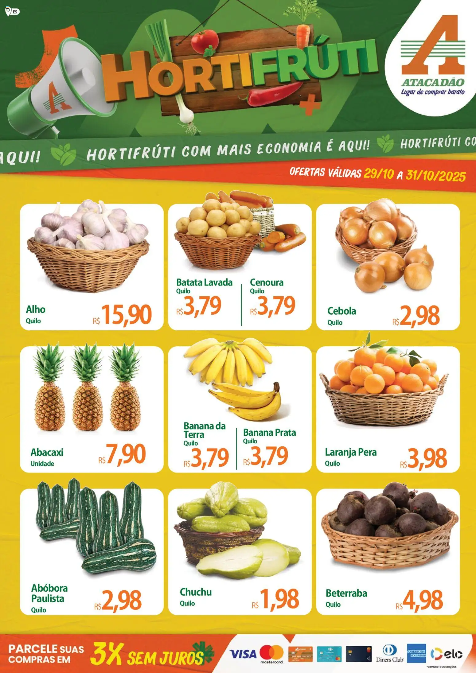 Pré-Visualização do folheto "Ofertas - ES" da loja Atacadão válido a partir de 29/10/2025 - Abacaxi, Chuchu, Abóbora, Batata, Pera, Beterraba, Cebola, Alho