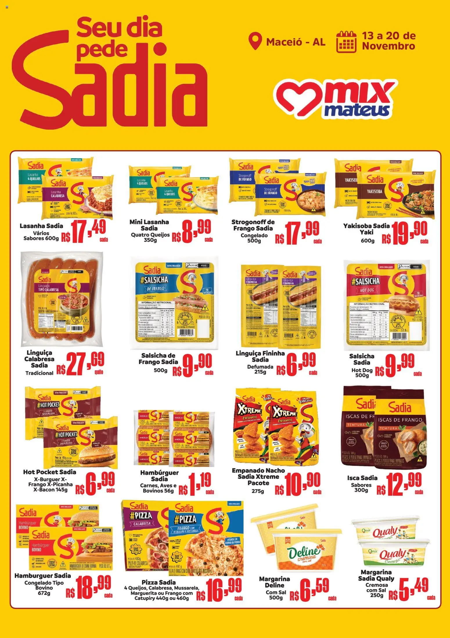 Pré-Visualização do folheto "Ofertas Festival da Sadia" da loja Mateus válido a partir de 13/11/2025 - Hambúrguer, Lasanha, Salsicha, Aves, Requeijão, Linguiça, Margarina, Carne bovina
