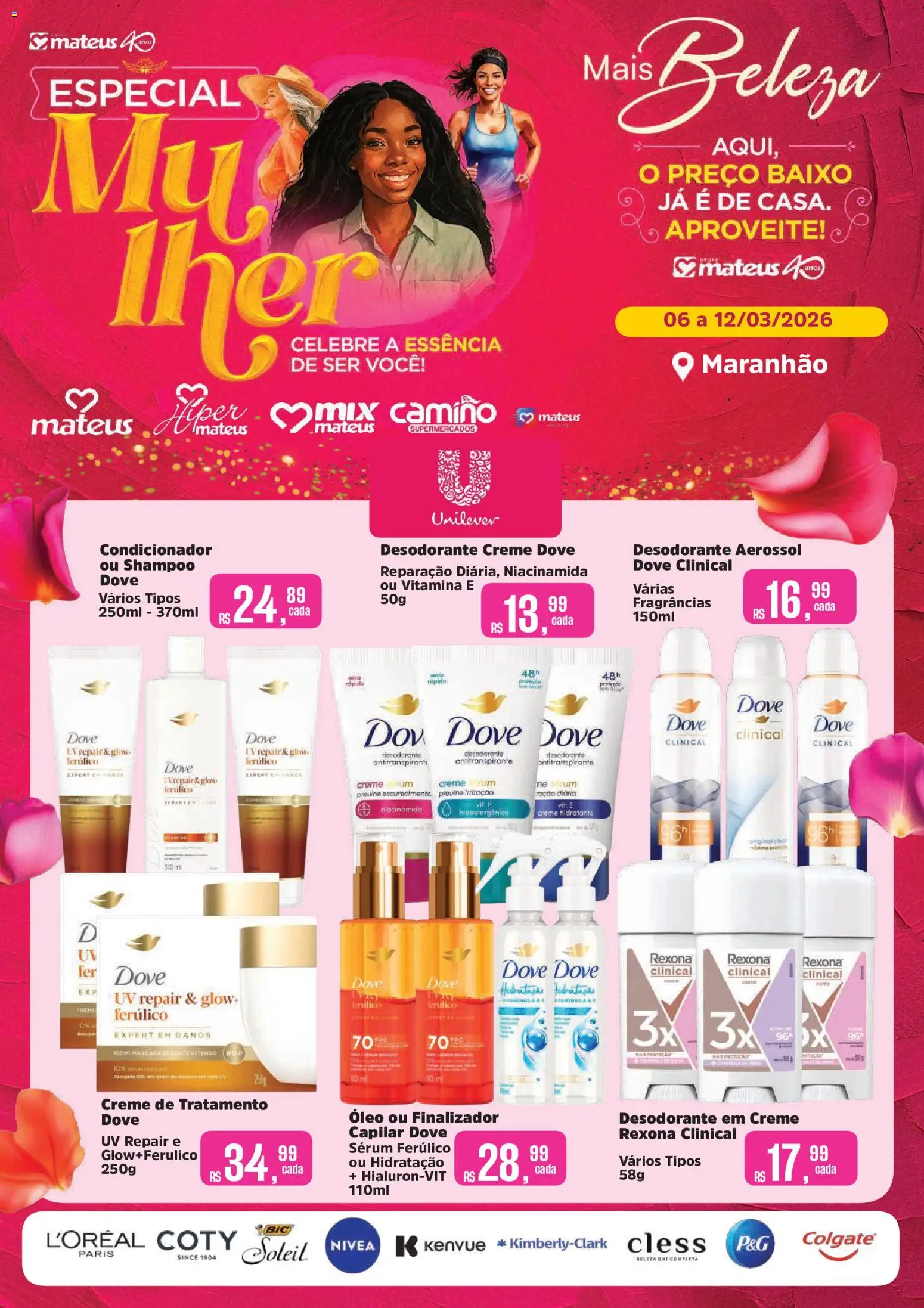 Pré-Visualização do folheto "Mateus ofertas Mais Beleza" da loja Mateus válido a partir de 06/03/2026 - Desodorante, Óleo, Creme, Sérum, Baixo, Rexona, Dove, Condicionador