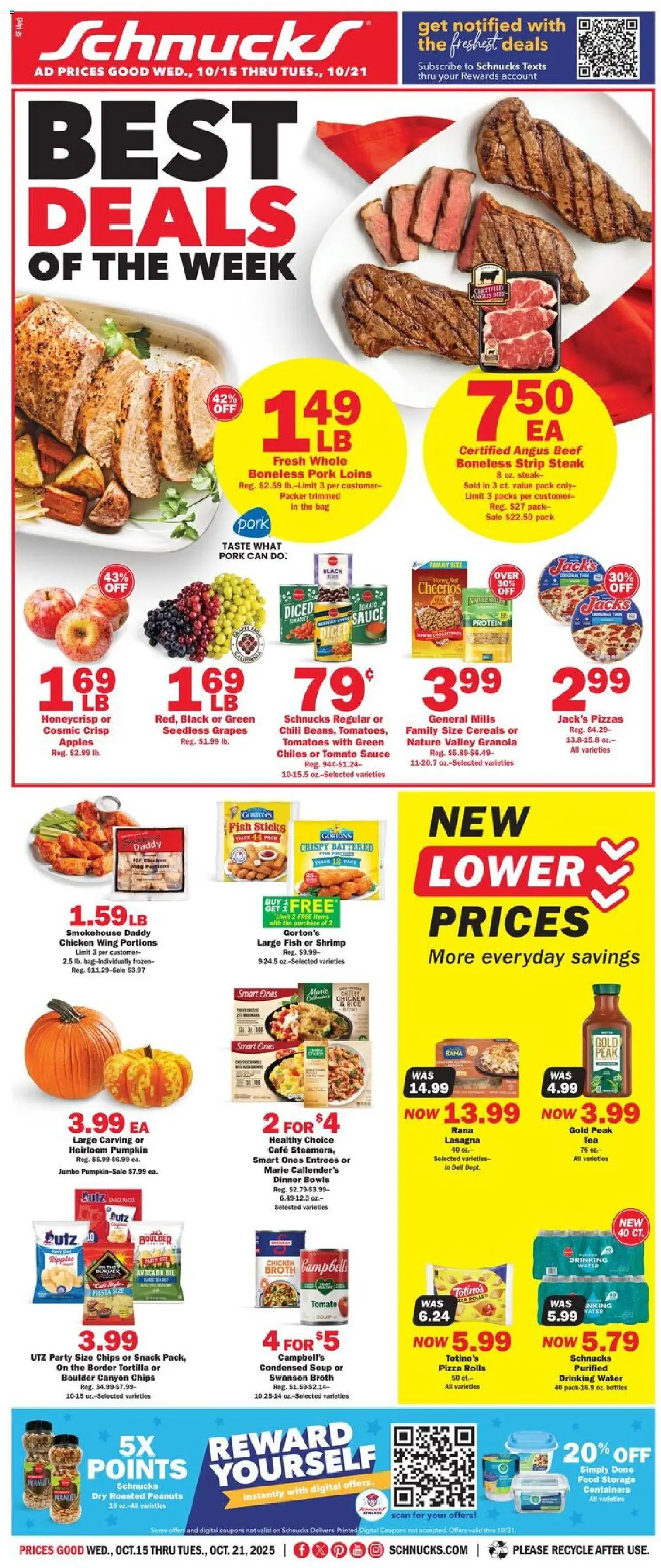 Schnucks Weekly Print Ad - IN from 10/15/2025 - Flyer - Page number 1 - Pizza, Chili, Tomatoes, Lasagna, Tomato, Grapes, Pork, Fish sticks