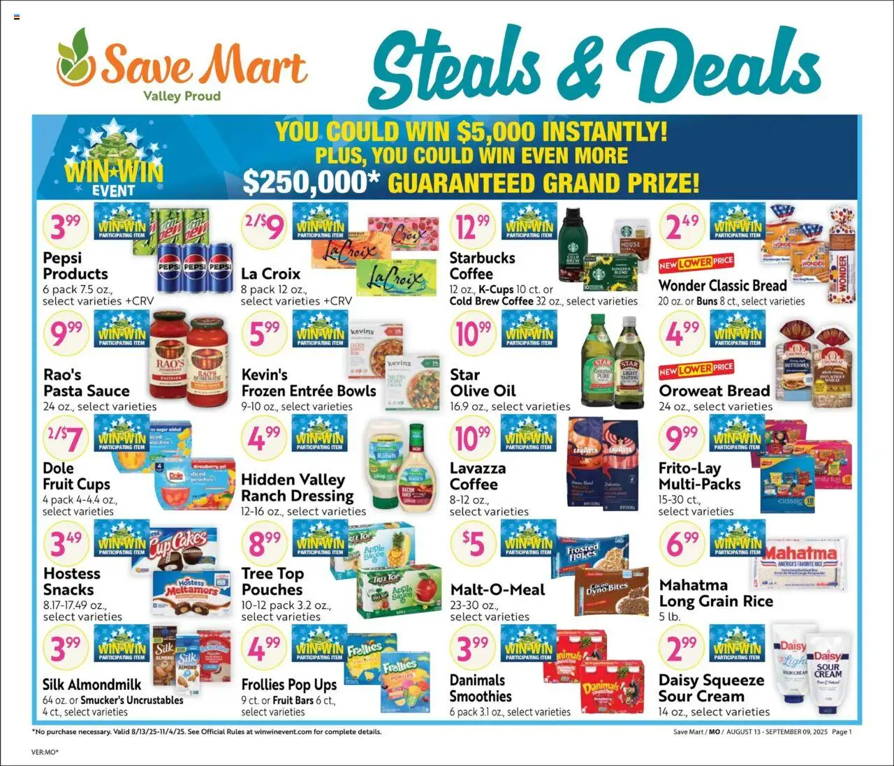 Save Mart Big Monthly Deals from 08/13/2025 - Flyer - Page number 1 - Coffee, Pasta, Pan, Rice, Oil, Bacon, Sour cream, Sauce