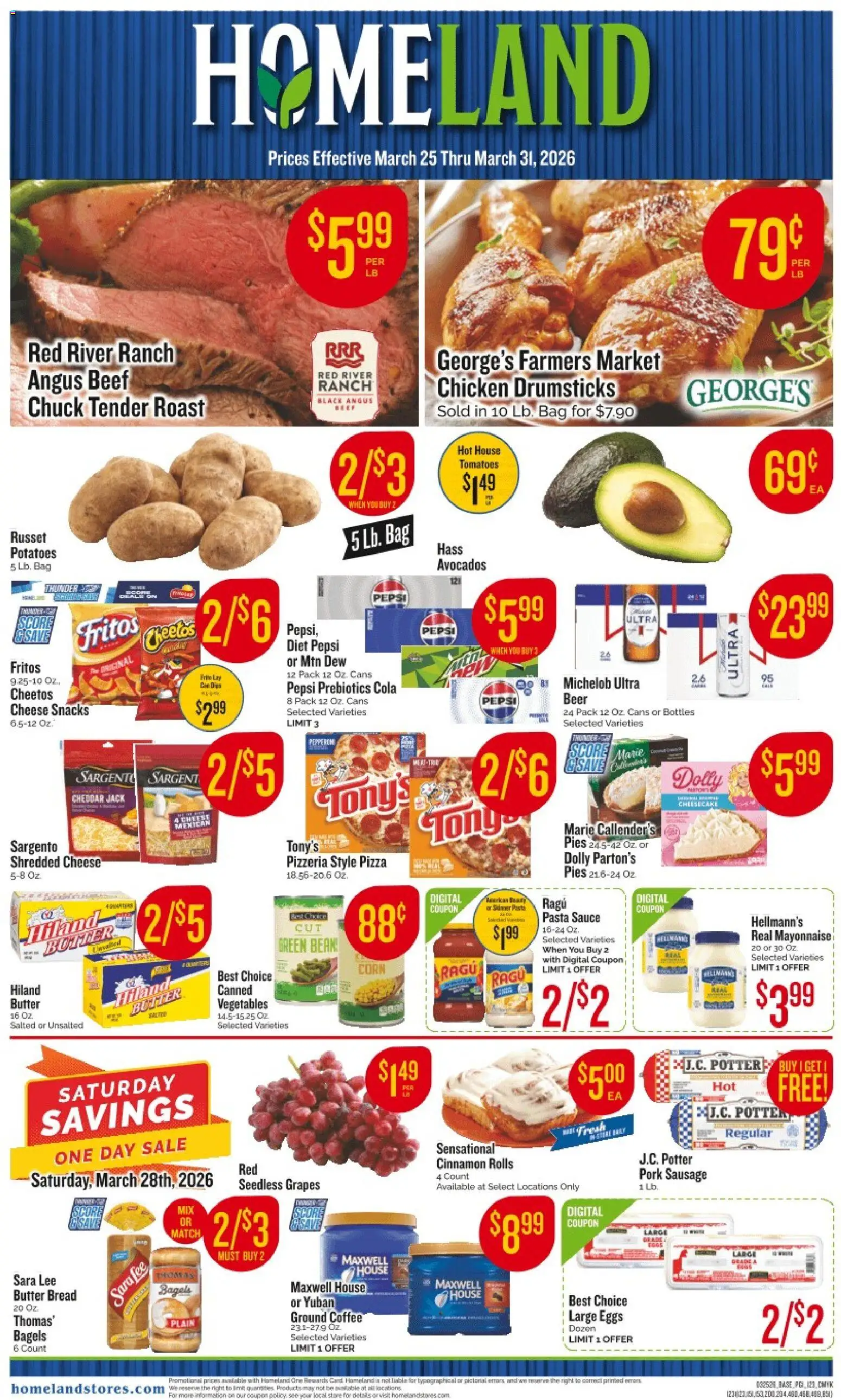 Ad Preview of Homeland Homeland Weekly Ad from 03/25/2026 - Pizza, Coffee, Eggs, Cheesecake, Potatoes, Pepsi, Sausage, Pork