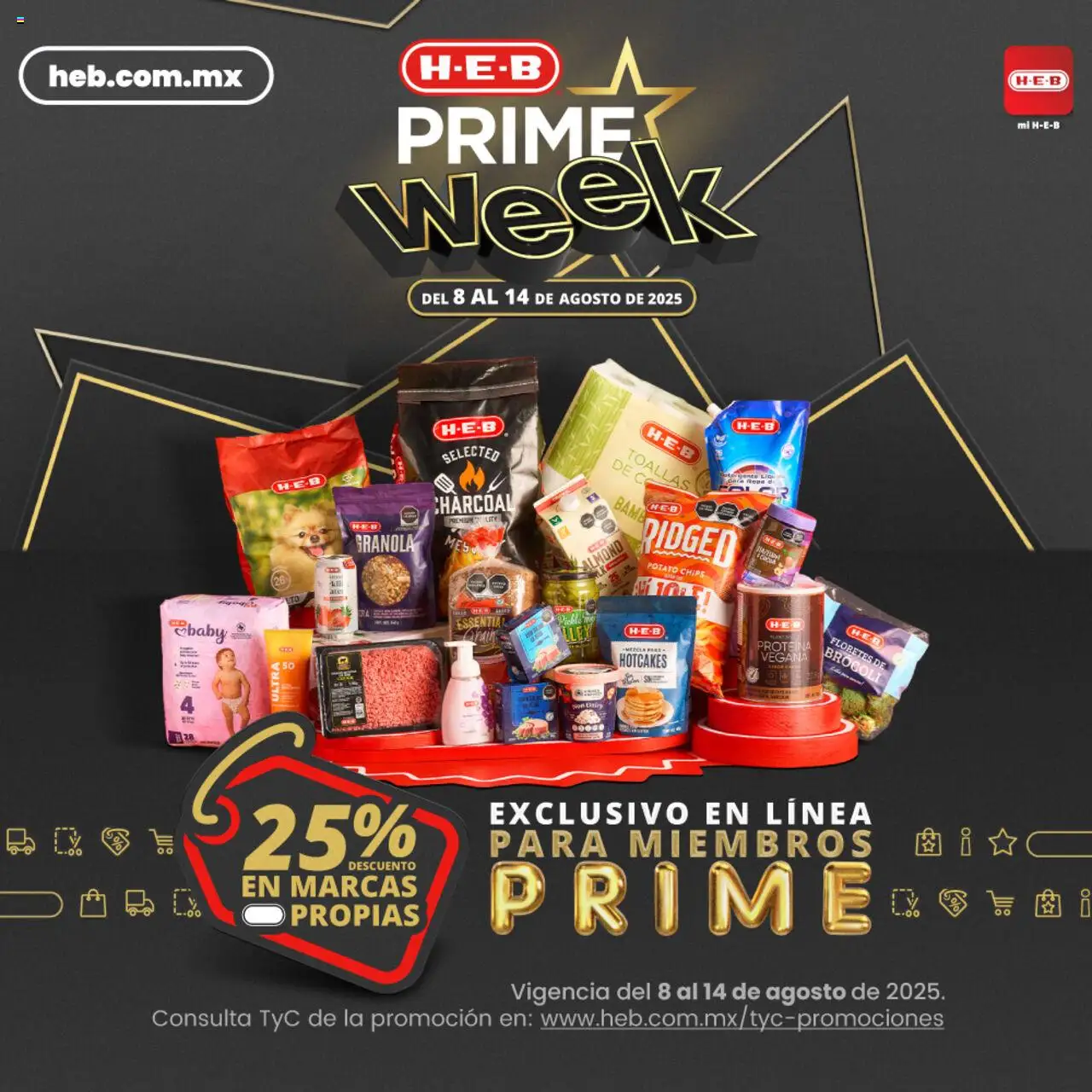 Folleto Prime Week H-E-B y sus promociones válidas desde el 08/08/2025 - Número de página 1 - Proteína, Brocoli, Toallas