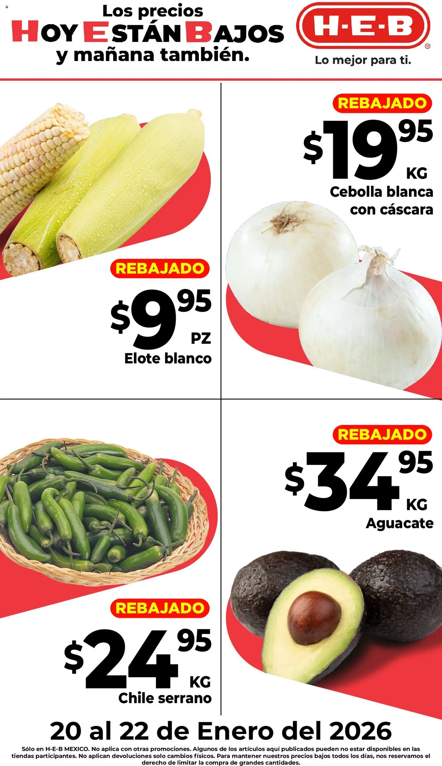 Vista previa las ofertas de la tienda H-E-B - Folleto Rebajado desde el 20/01/2026 - Chile, Aguacate, Cebolla