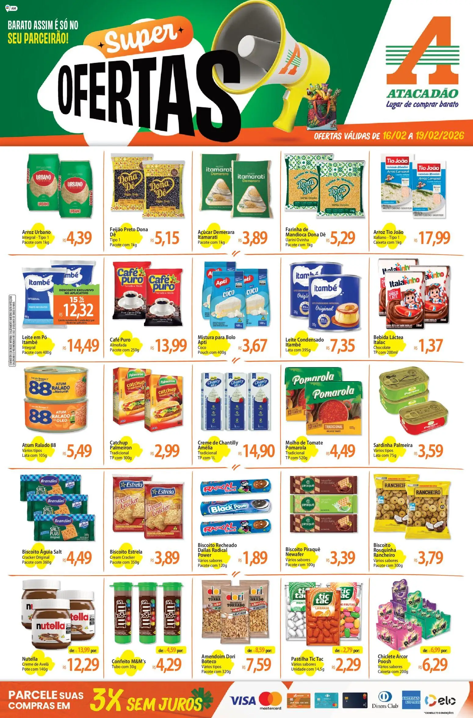 Pré-Visualização do folheto "Ofertas - AM" da loja Atacadão válido a partir de 16/02/2026 - Coco, Nutella, Tomate, Açúcar, Molho de tomate, Avelã, Rosquinha, Mistura para bolo