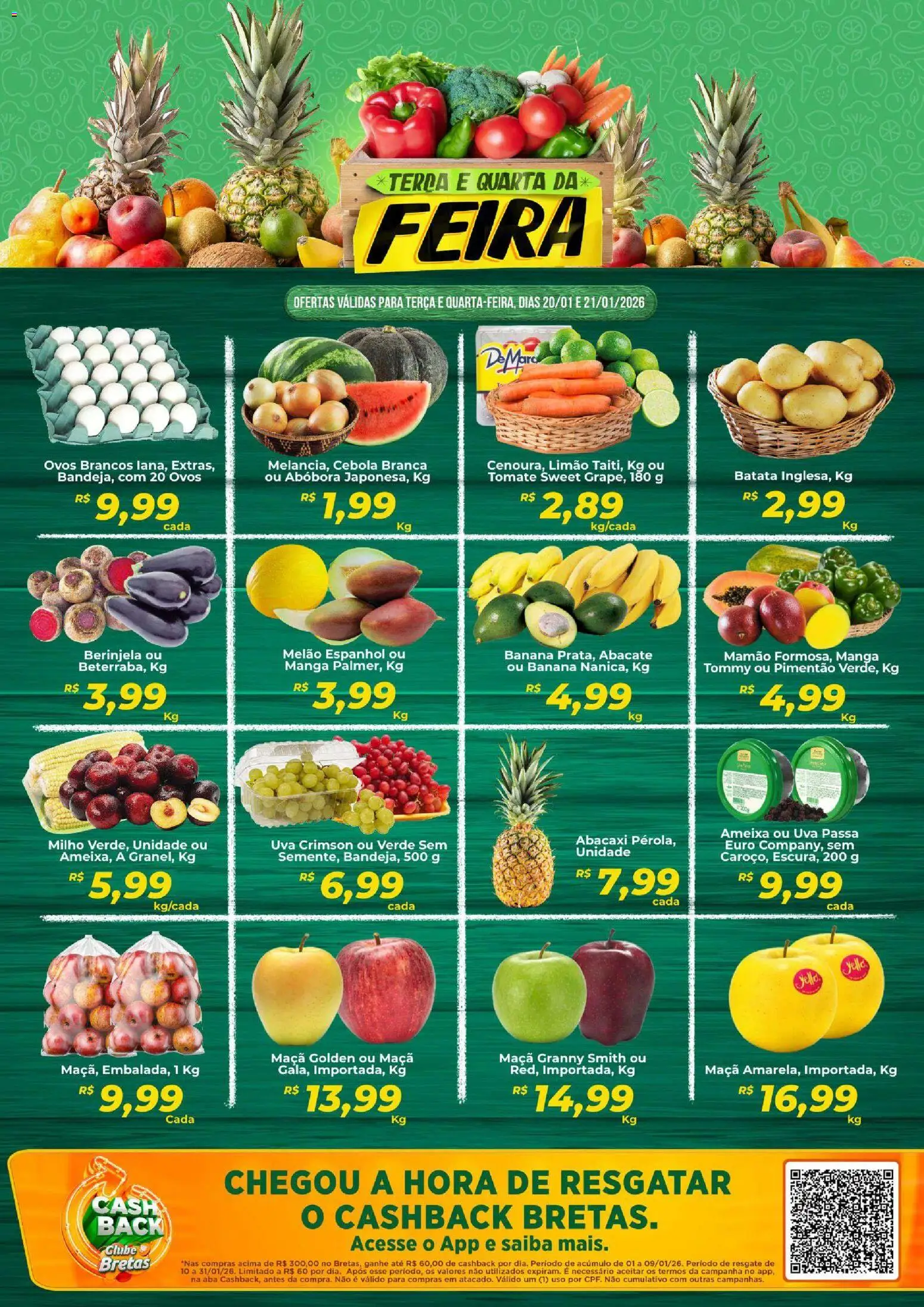 Pré-Visualização do folheto "Ofertas Feira" da loja Bretas válido a partir de 20/01/2026 - Ovos, Abóbora, Tomate, Abacate, Cebola, Melão, Mamão, Pimentão
