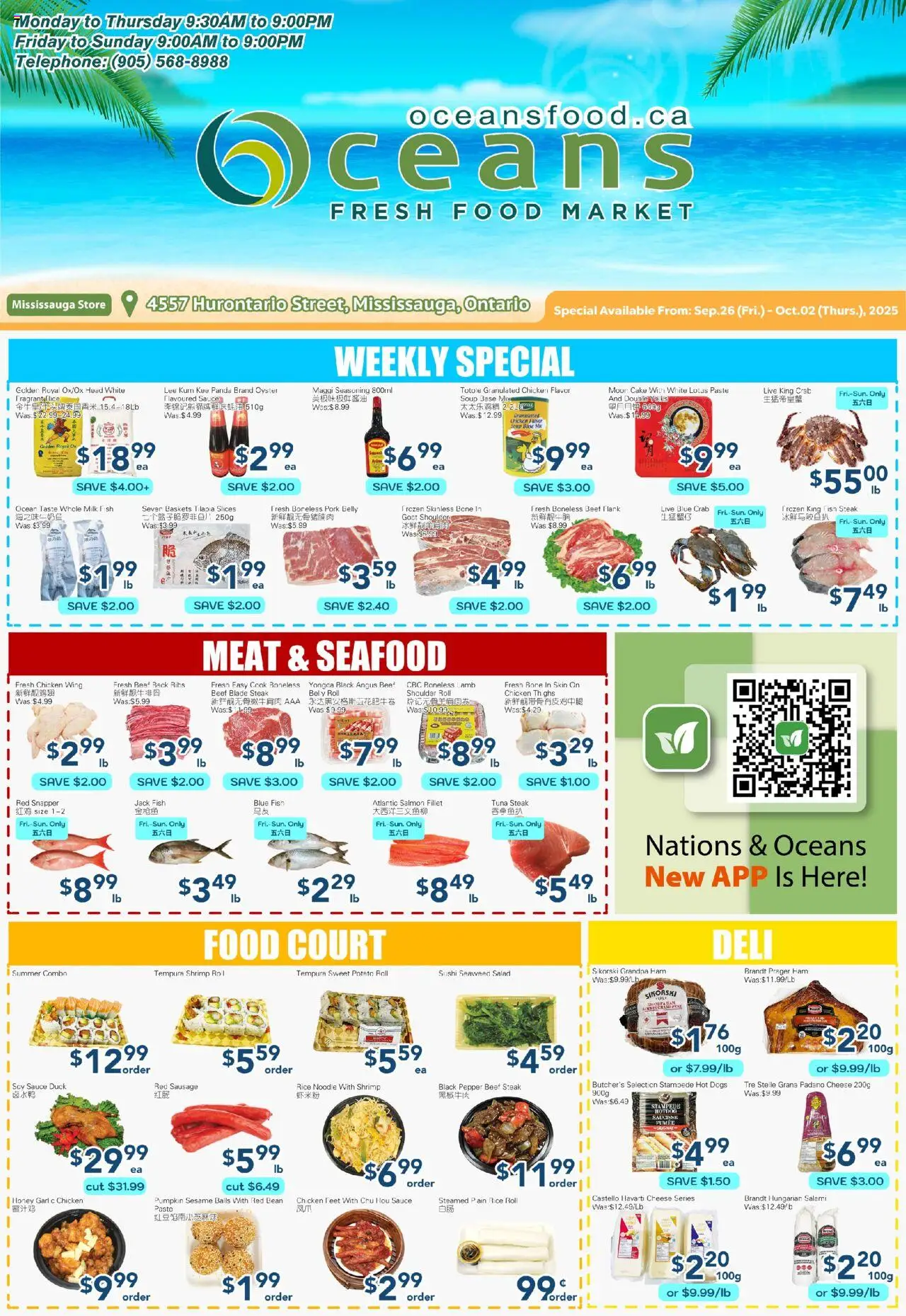 Oceans flyer valid from Sep 26, 2025 - page number 1 - Sushi, Honey, Meat, Rice, Beef, Tilapia, Sausage, Pork belly