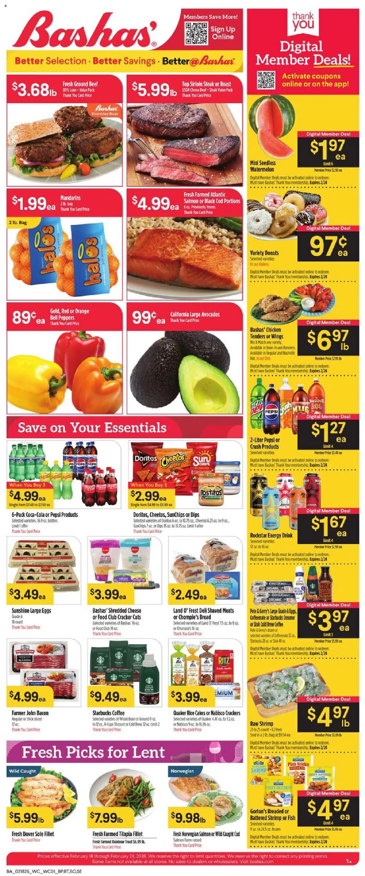Ad Preview of Basha's Weekly Ad from 02/18/2026 - Bakery, Steak, Bread, Watermelon, Salmon, Rice cakes, Rice, Ground beef