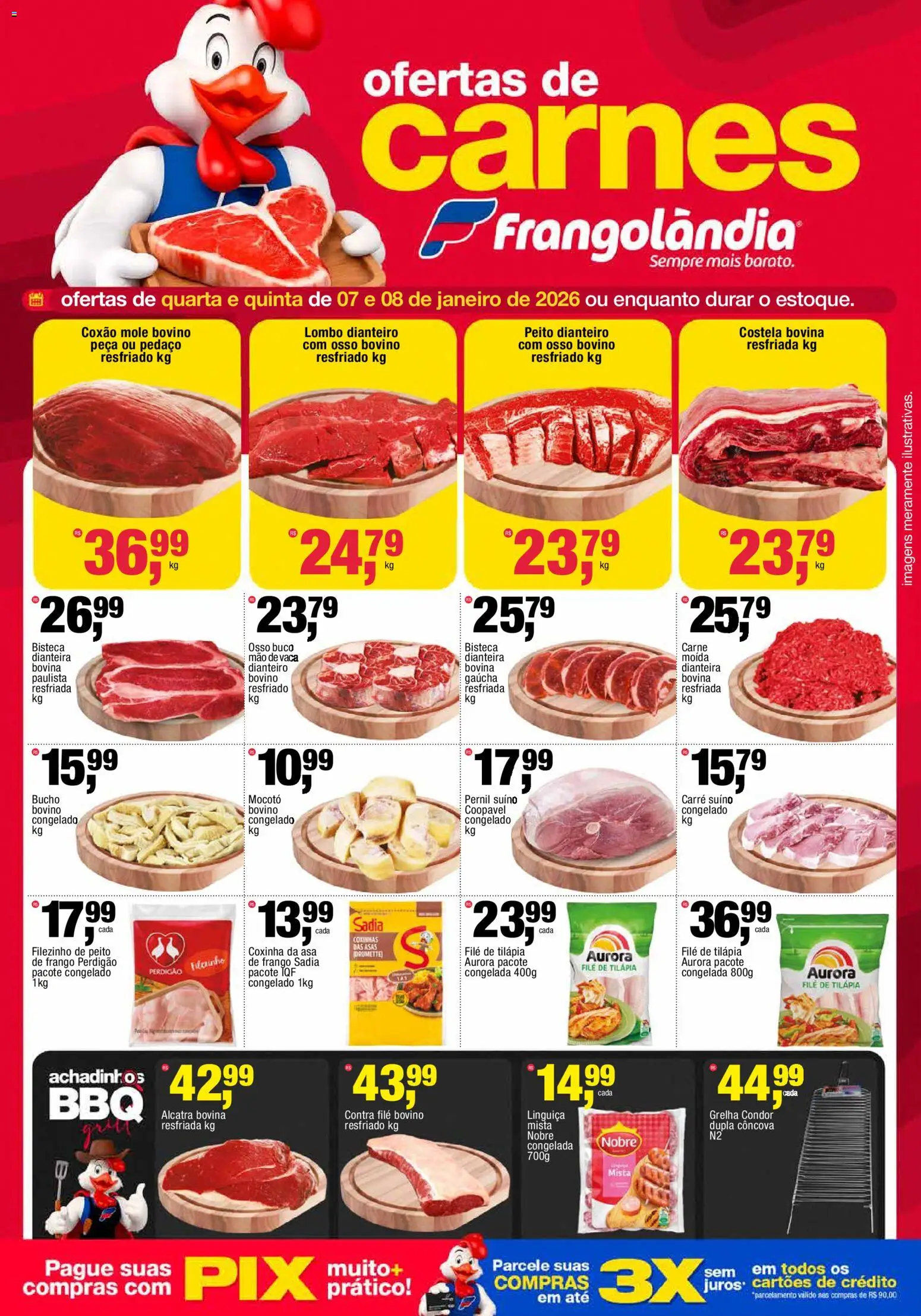 Pré-Visualização do folheto "Ofertas da semana" da loja Frangolândia válido a partir de 07/01/2026 - Carne, Alcatra, Pernil, Filé de tilápia, Costela bovina, Tilápia, Pernil suíno, Coxão mole
