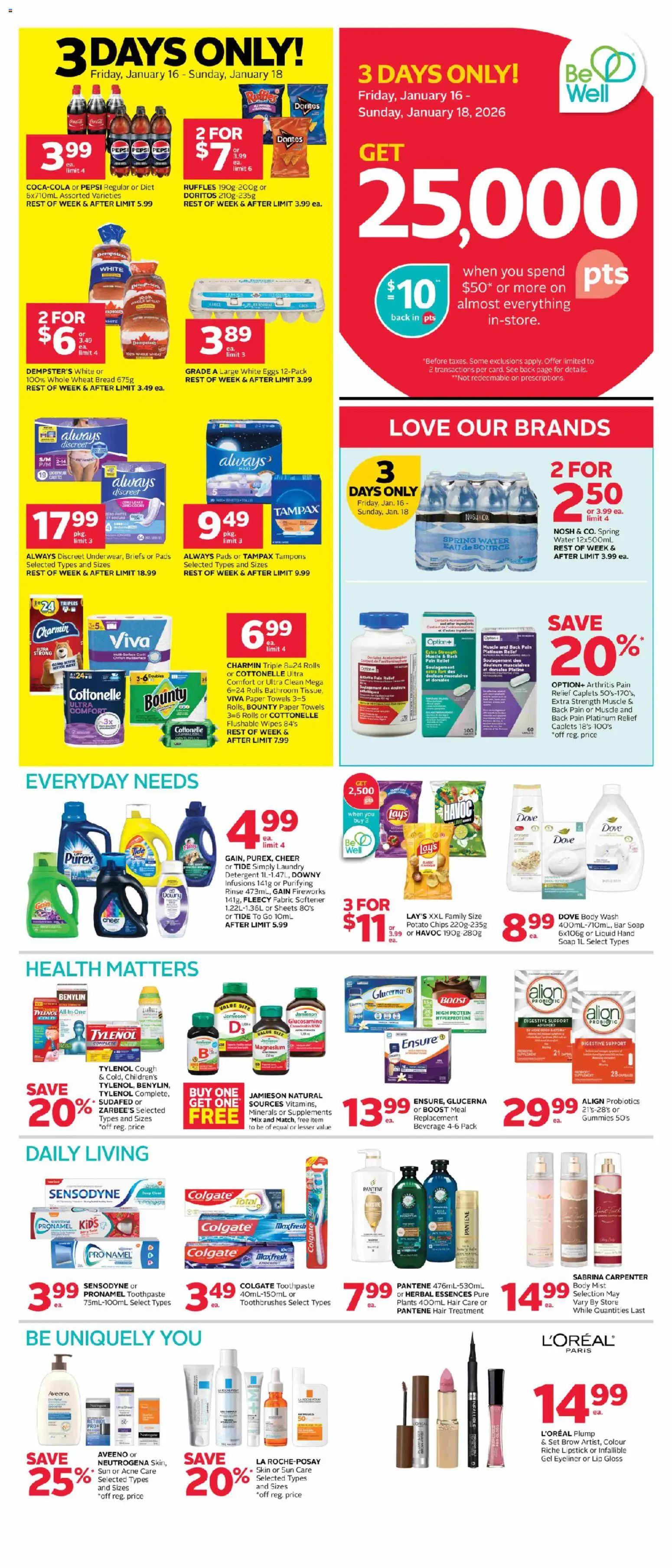 Preview of leaflet Weekly flyer / circulaire from shop Rexall is valid from Jan 16, 2026 - Tampons, Soap, Spring water, Lip gloss, Paper towels, Eyeliner, Briefs, Detergent