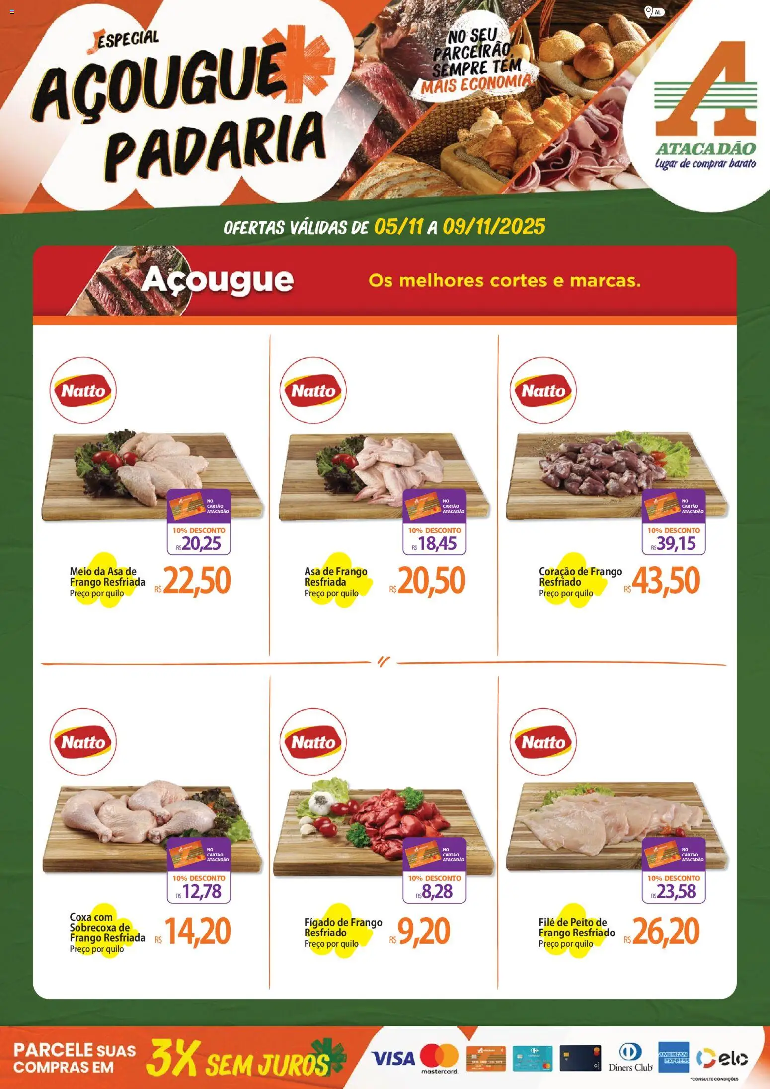 Pré-Visualização do folheto "Ofertas - AL" da loja Atacadão válido a partir de 05/11/2025 - Frango, Fígado, Asa de frango, Fígado de frango, Coração de frango, Frango resfriado