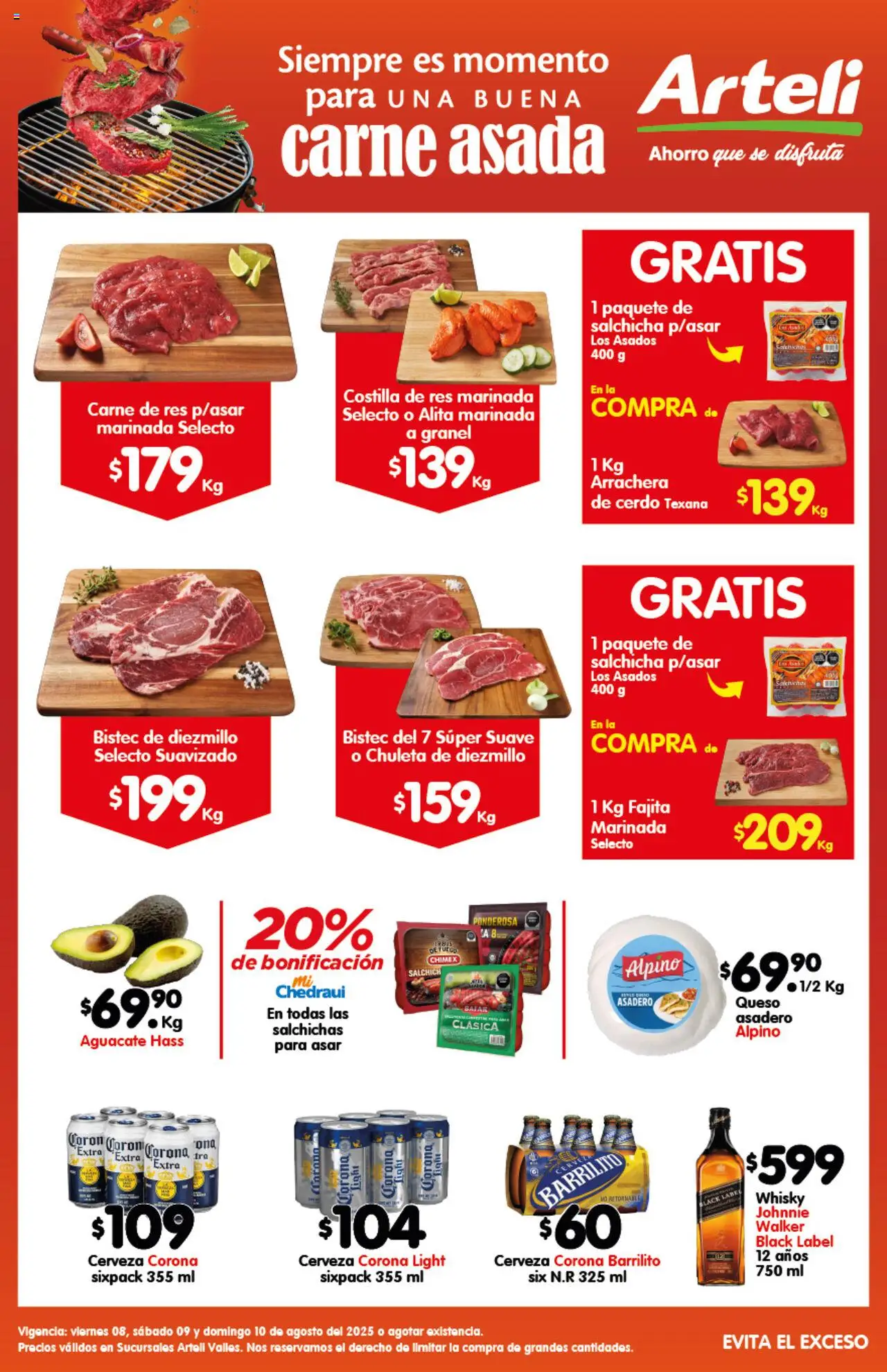 Folleto Express Carnes & Cortes Arteli y sus promociones válidas desde el 08/08/2025 - Número de página 1 - Whisky, Cerveza, Aguacate, Cerdo, Cerveza Corona, Bistec, Chuleta, Carne de res