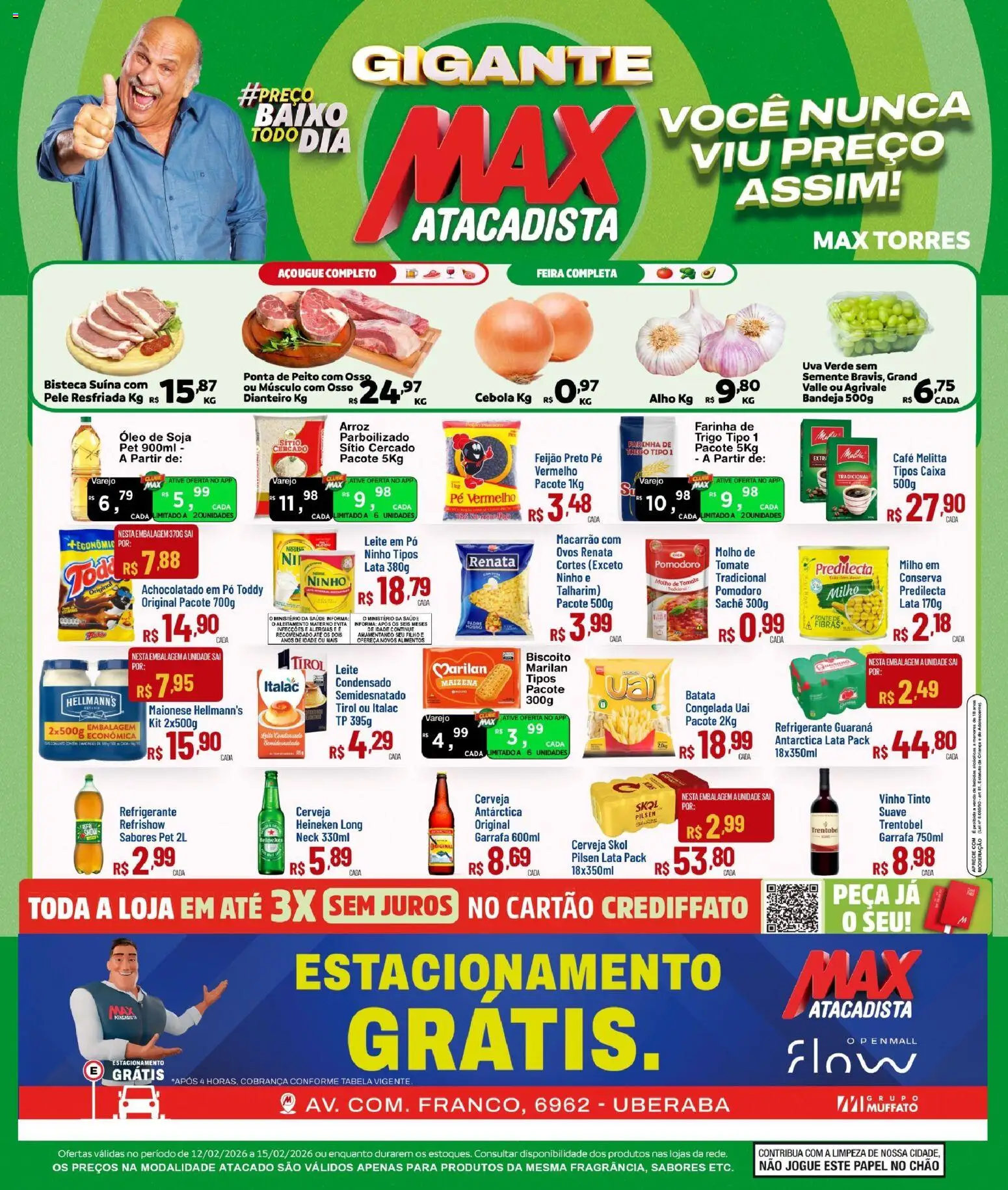 Pré-Visualização do folheto "Ofertas Semanal" da loja Max Atacadista válido a partir de 12/02/2026 - Caixa, Café, Óleo, Feijão, Biscoito, Alho, Farinha, Vinho tinto