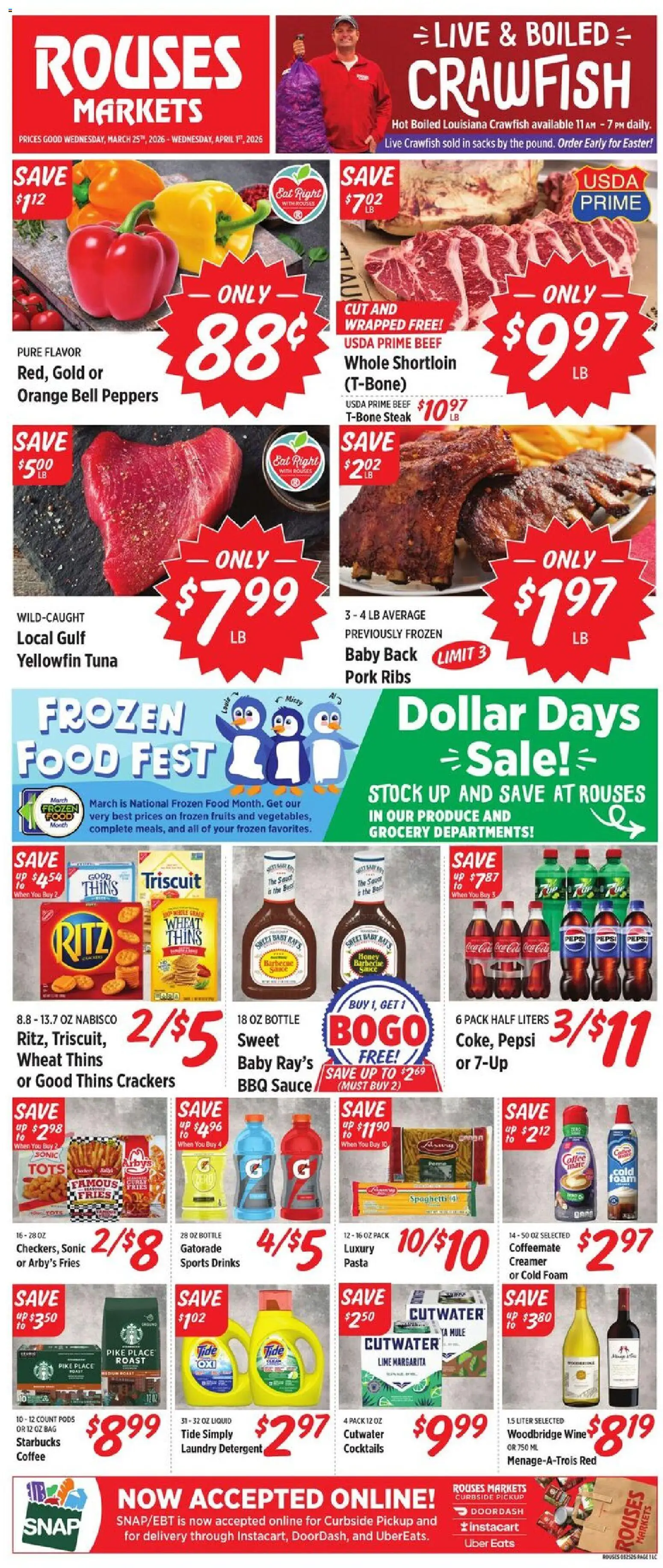 Ad Preview of Rouses Rouses Weekly Ad from 03/25/2026 - Spaghetti, Peppers, Beef, Lime, Crackers, Laundry detergent, Sauce, Detergent