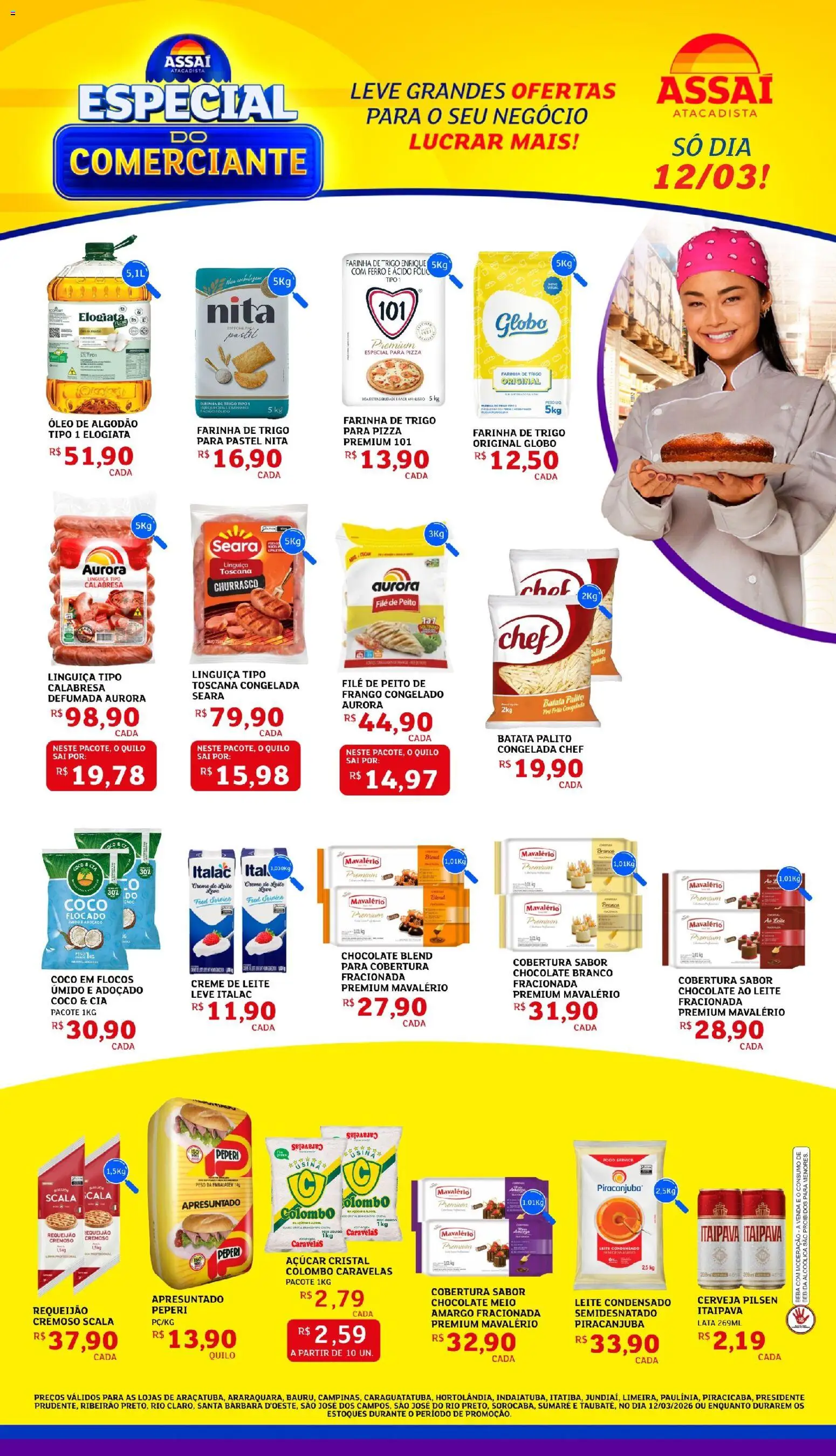 Pré-Visualização do folheto "Assaí Atacadista ofertas - SP" da loja Assaí Atacadista válido a partir de 12/03/2026 - Pizza, Cerveja, Frango, Ferro, Creme, Linguiça, Algodão, Flocos