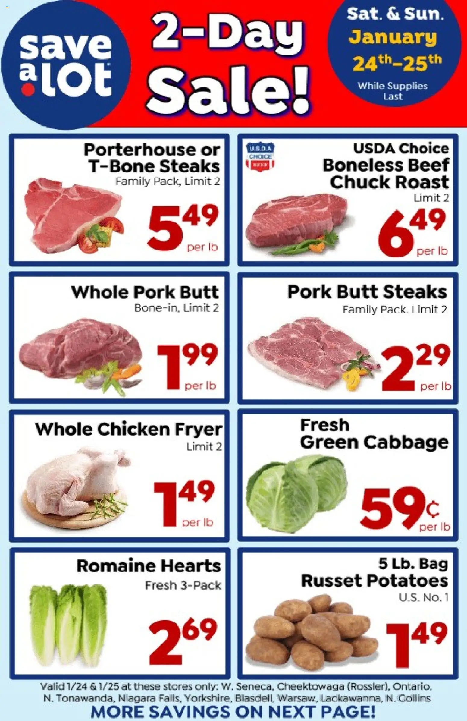 Ad Preview of Save a Lot Special Promotion from 01/24/2026 - Potatoes, Cabbage, Bag, Pork, Pork butt, Romaine, Whole chicken, Chicken