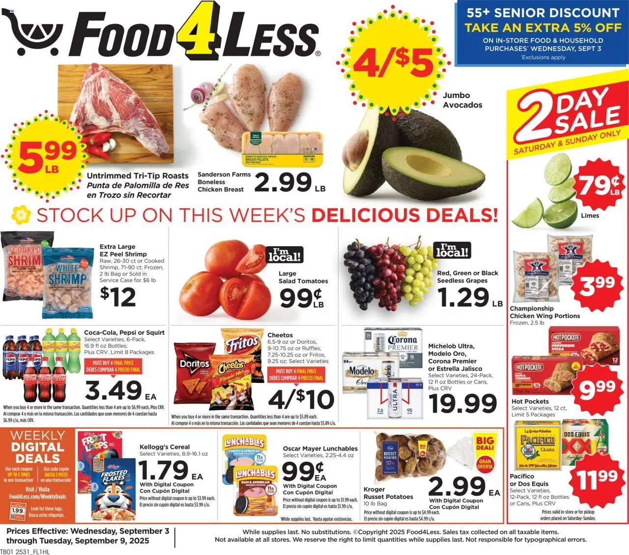 Food 4 Less Weekly Ad from 09/03/2025 - Flyer - Page number 1 - Pizza, Tomatoes, Pepsi, Ham, Bag, Case, Seedless grapes, Chicken