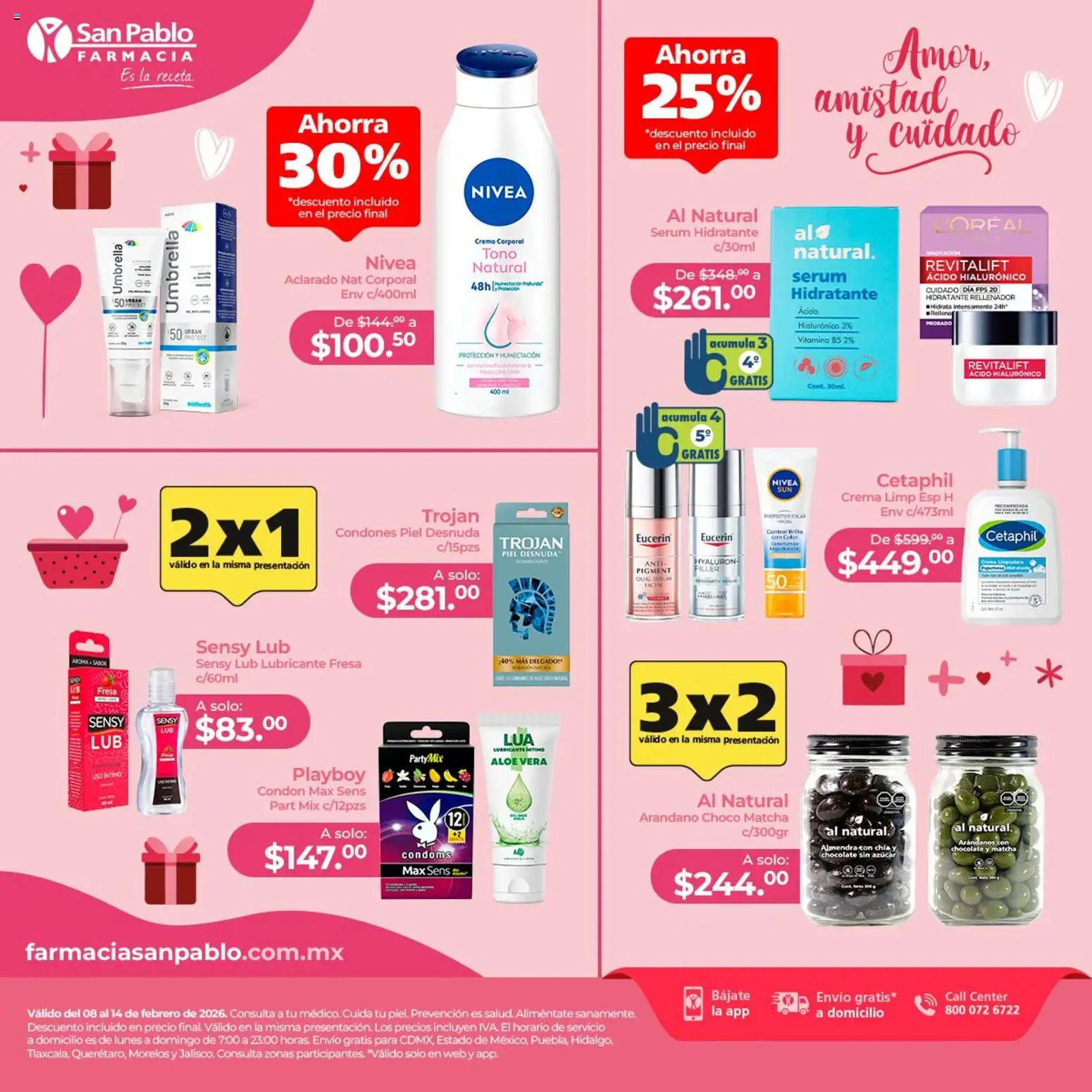 Vista previa las ofertas de la tienda Farmacia San Pablo - Catálogo Amor, amistad y cuidado desde el 08/02/2026 - Chocolate, Fresa, Arándanos, Matcha, Crema, Aloe Vera, Crema corporal, Lubricante