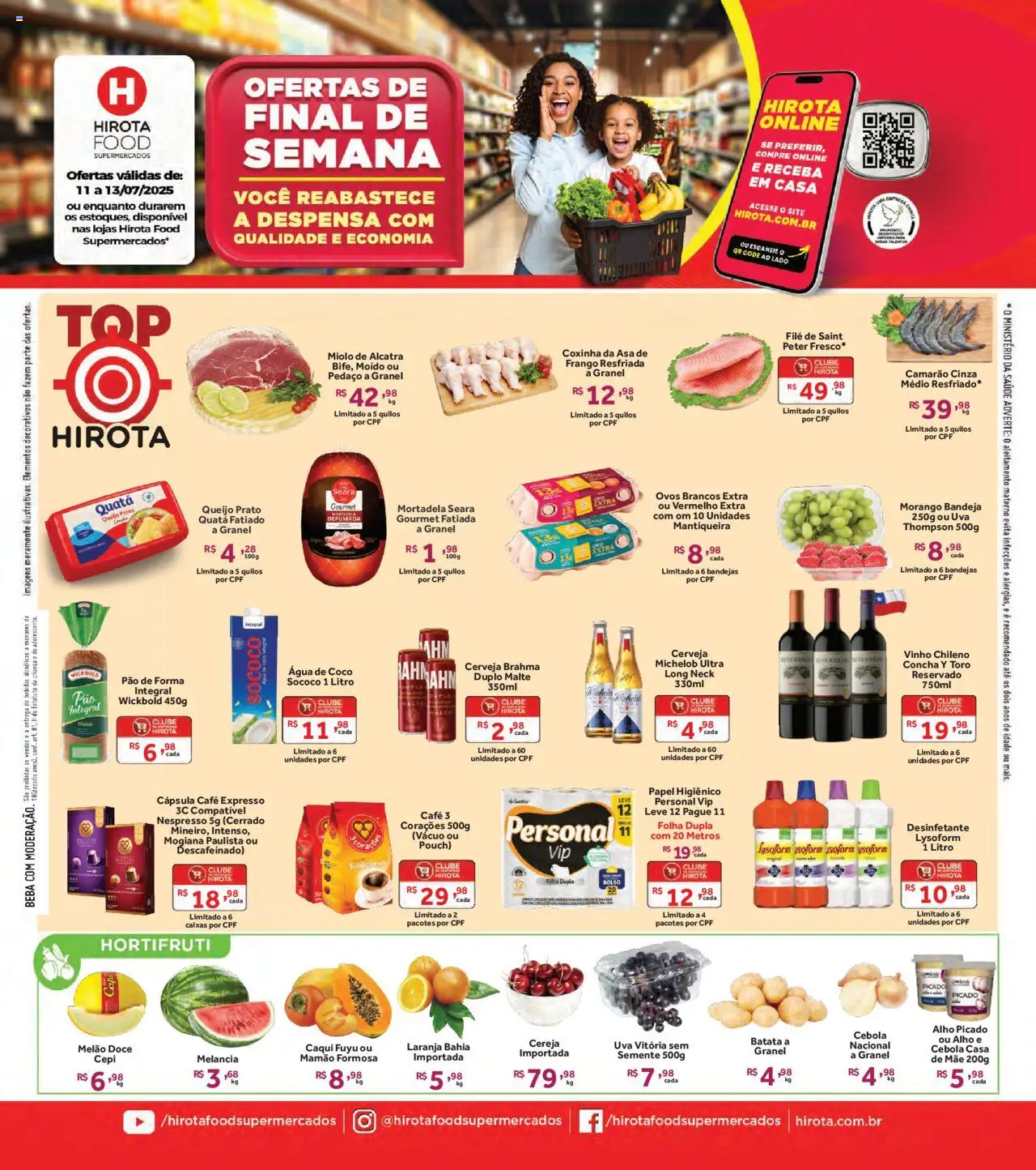Hirota Food folheto "Ofertas Final de Semana" válido a partir de 11/07/2025 - número de página 1 - Bebidas, Camarão, Ovos, Café, Mortadela, Bandeja, Mamão, Papel higiênico