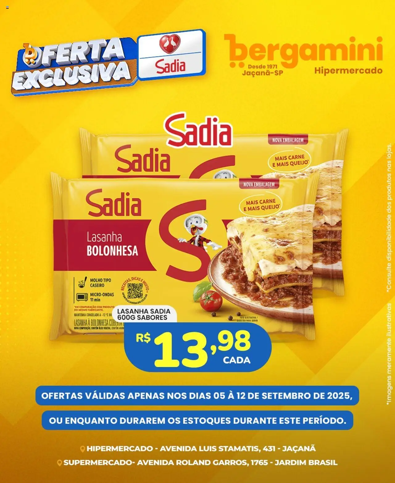 Supermercado Bergamini folheto "Ofertas Sadia" válido a partir de 05/09/2025 - número de página 1 - Microondas, Lasanha, Óleo, Carne