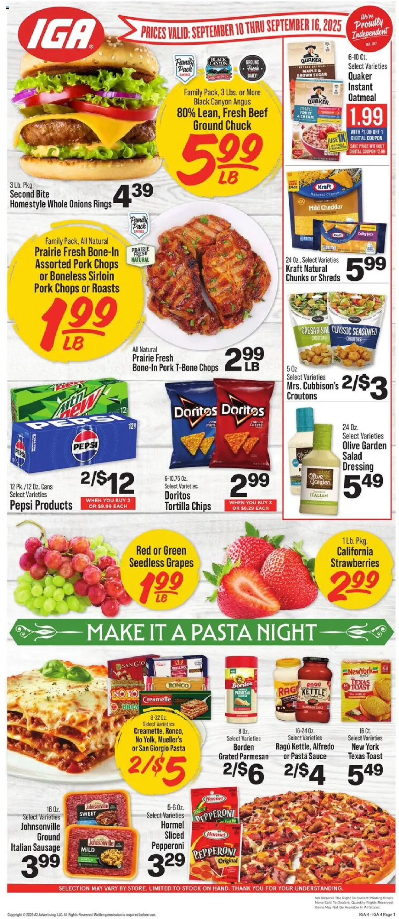 IGA Weekly Ad from 09/10/2025 - Flyer - Page number 1 - Turkey, Pasta, Strawberries, Dressing, Sausage, Kettle, Tortilla chips, Seedless grapes