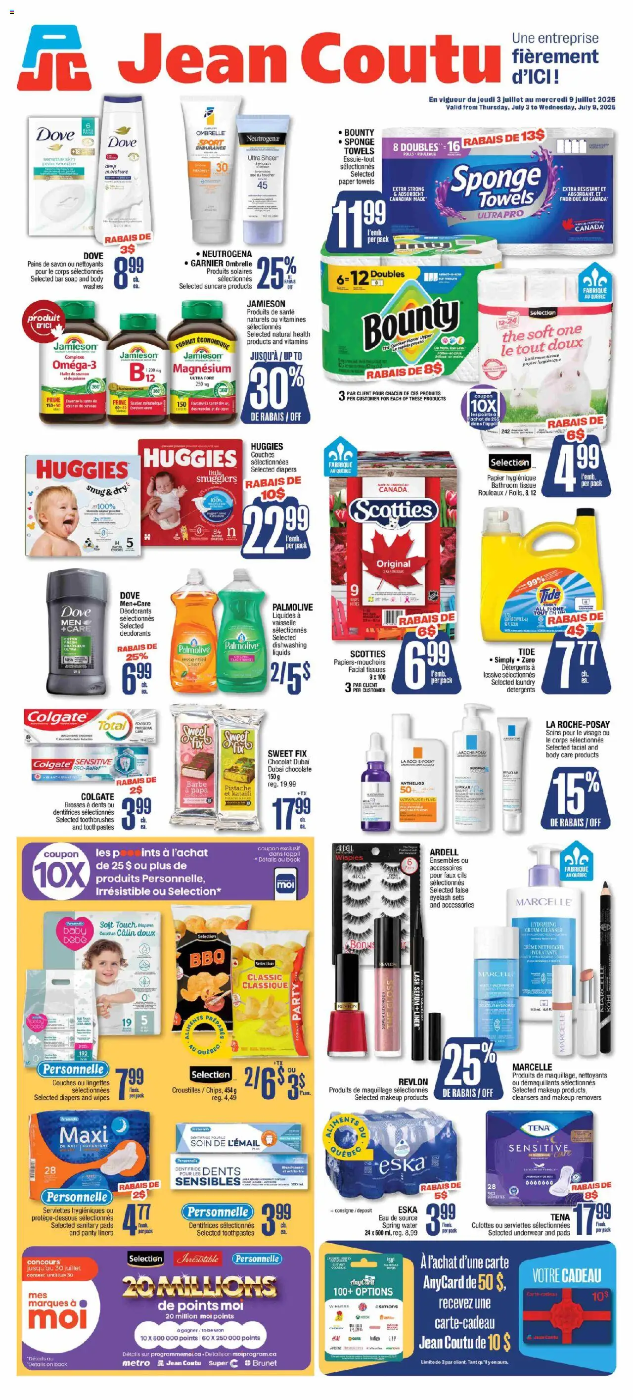 Jean Coutu flyer valid from Jul 03, 2025 - page number 1 - Lessive, Crème, Eau de source, Dentifrice, Vaisselle, Thé, Poisson, Saumon